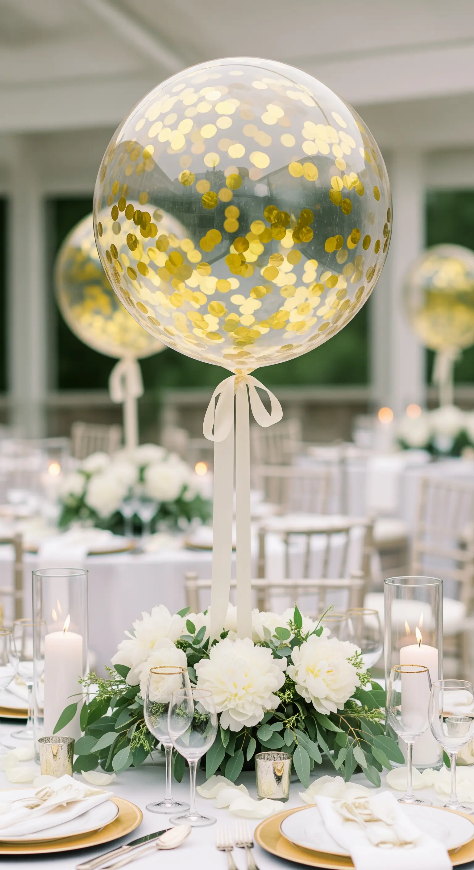 Centrotavola con palloncino trasparente pieno di coriandoli dorati e base di fiori bianchi.