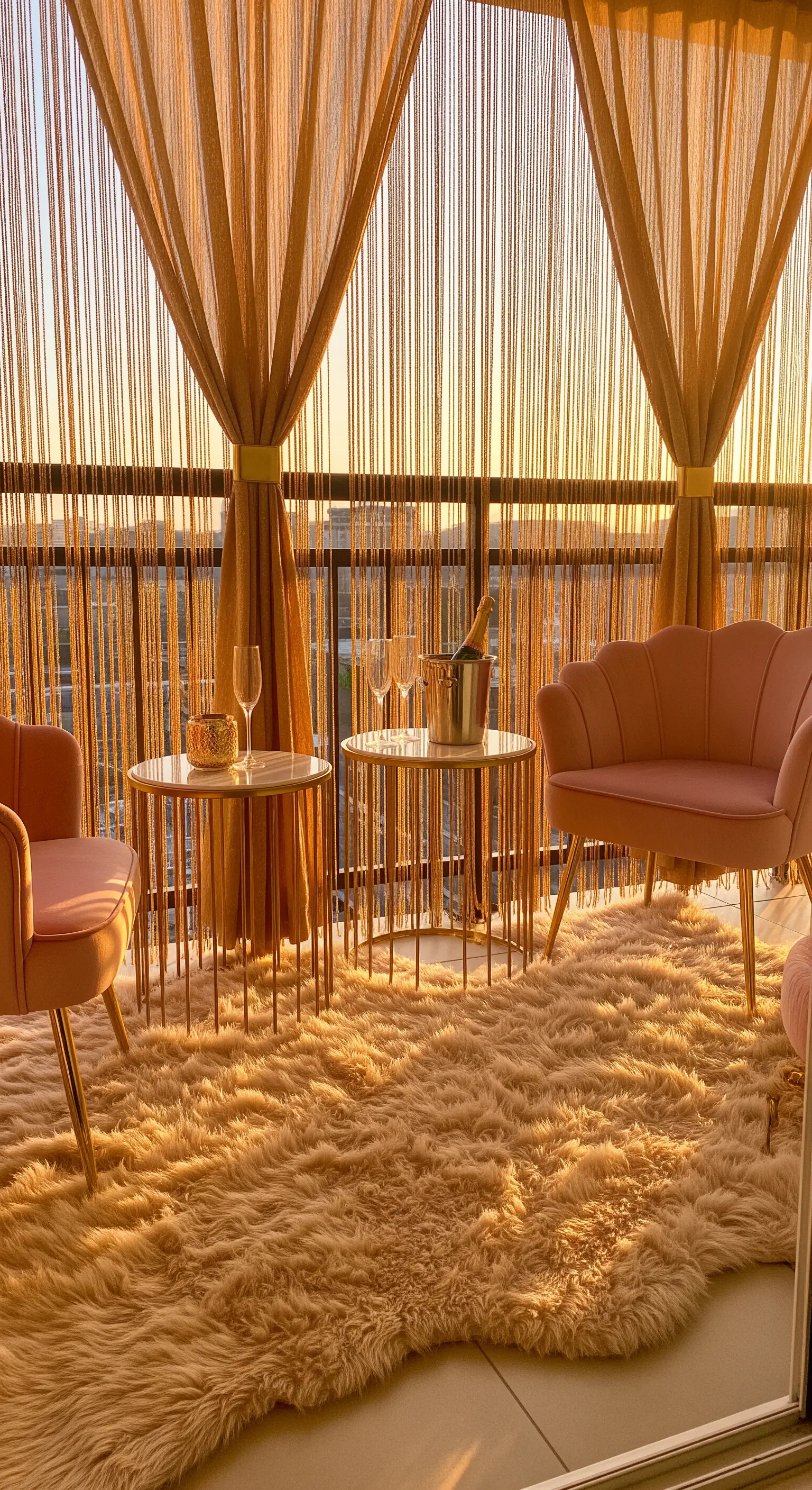 Balcone al tramonto con poltroncine in velluto rosa, tavolini dorati e tende a filo color oro.