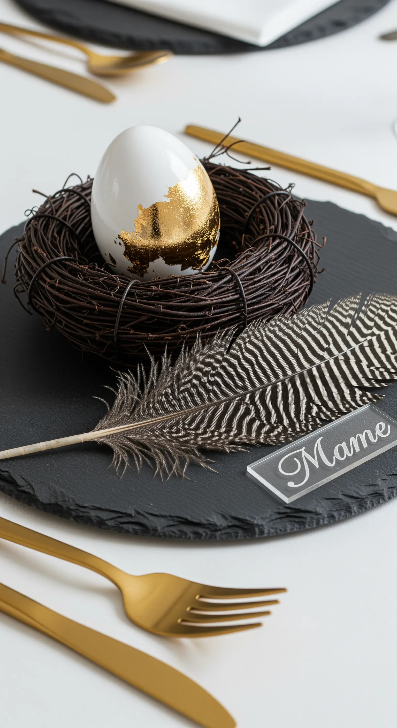 Segnaposto con uovo decorato in foglia d'oro su ardesia e posate dorate.