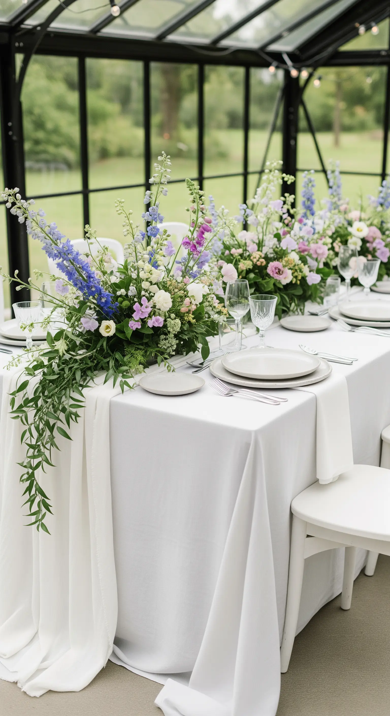 Lungo tavolo bianco in una serra con un grande centrotavola a cascata di fiori blu e viola.