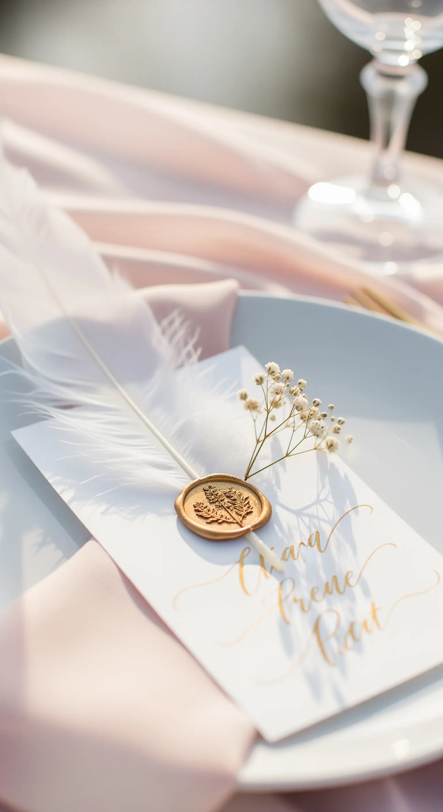 Segnaposto bianco con piuma, fiori di gypsophila e sigillo in ceralacca dorata.