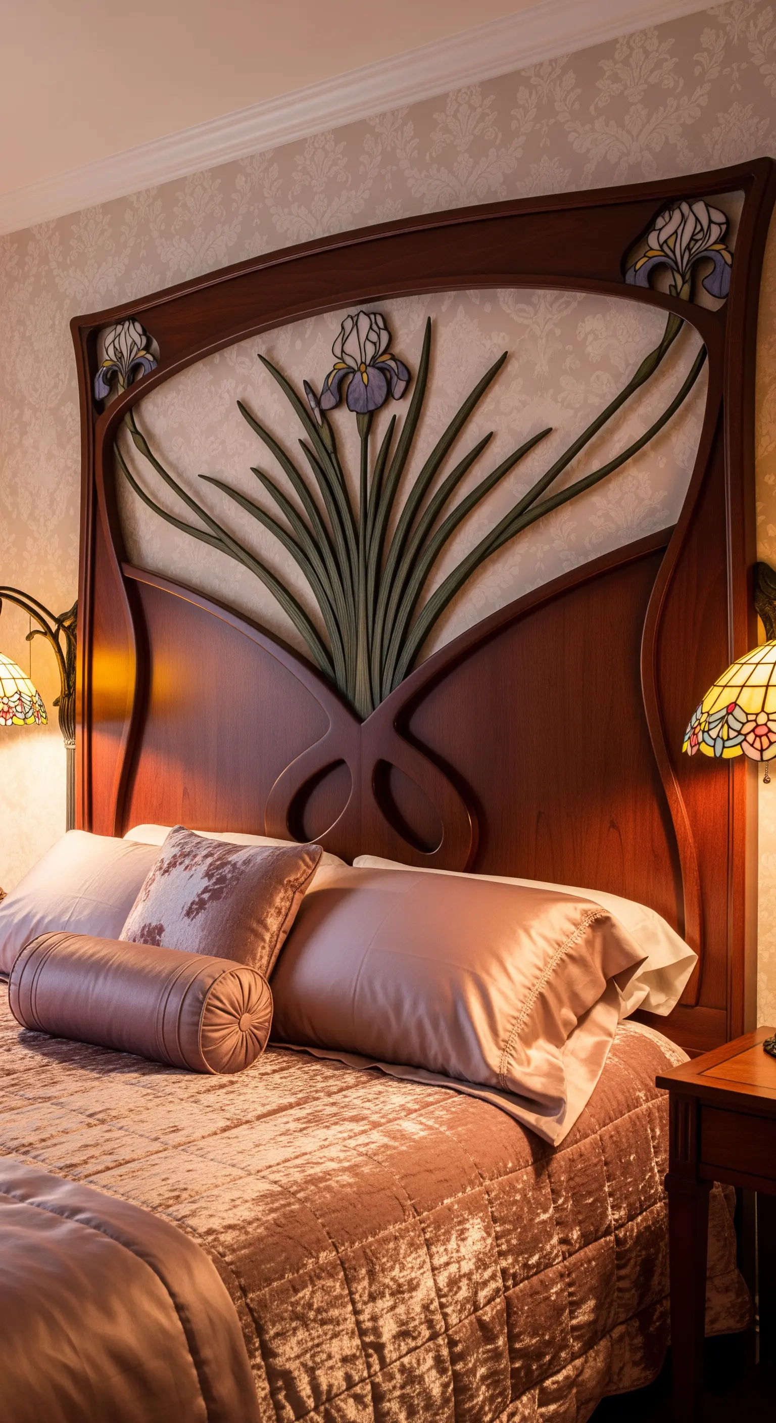 Testiera in legno scuro in stile Art Nouveau, intagliata con eleganti motivi a forma di iris.