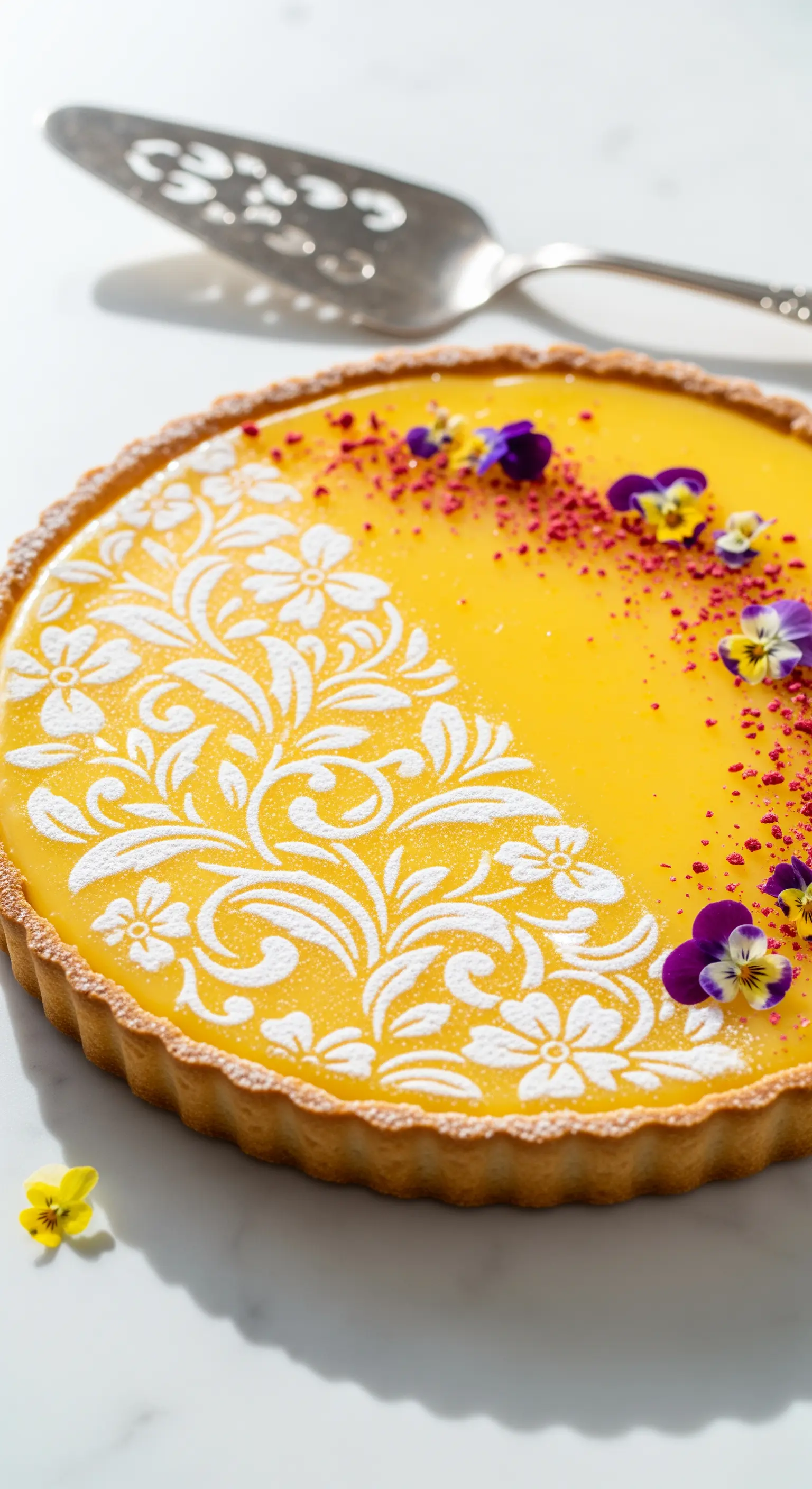 Crostata al limone decorata con un motivo floreale bianco di zucchero a velo e fiori edibili.
