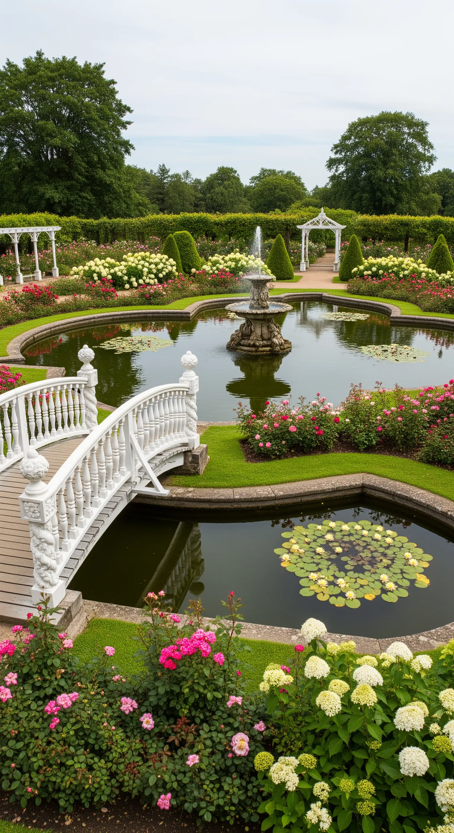Elegante ponte bianco con colonne ornamentali in un giardino formale con fontana e roseti