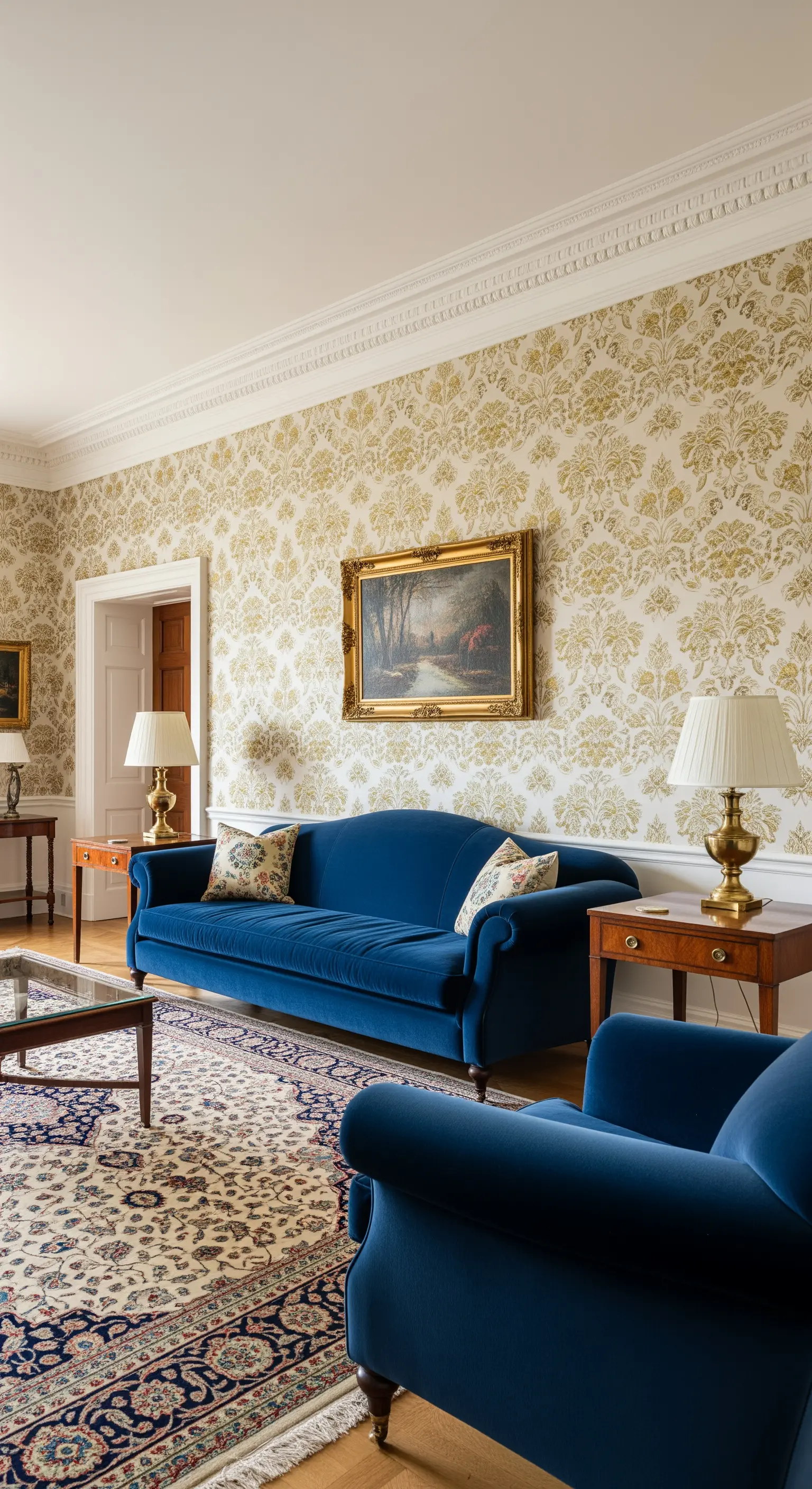 Salotto classico con carta da parati damascata e divano in velluto blu zaffiro.