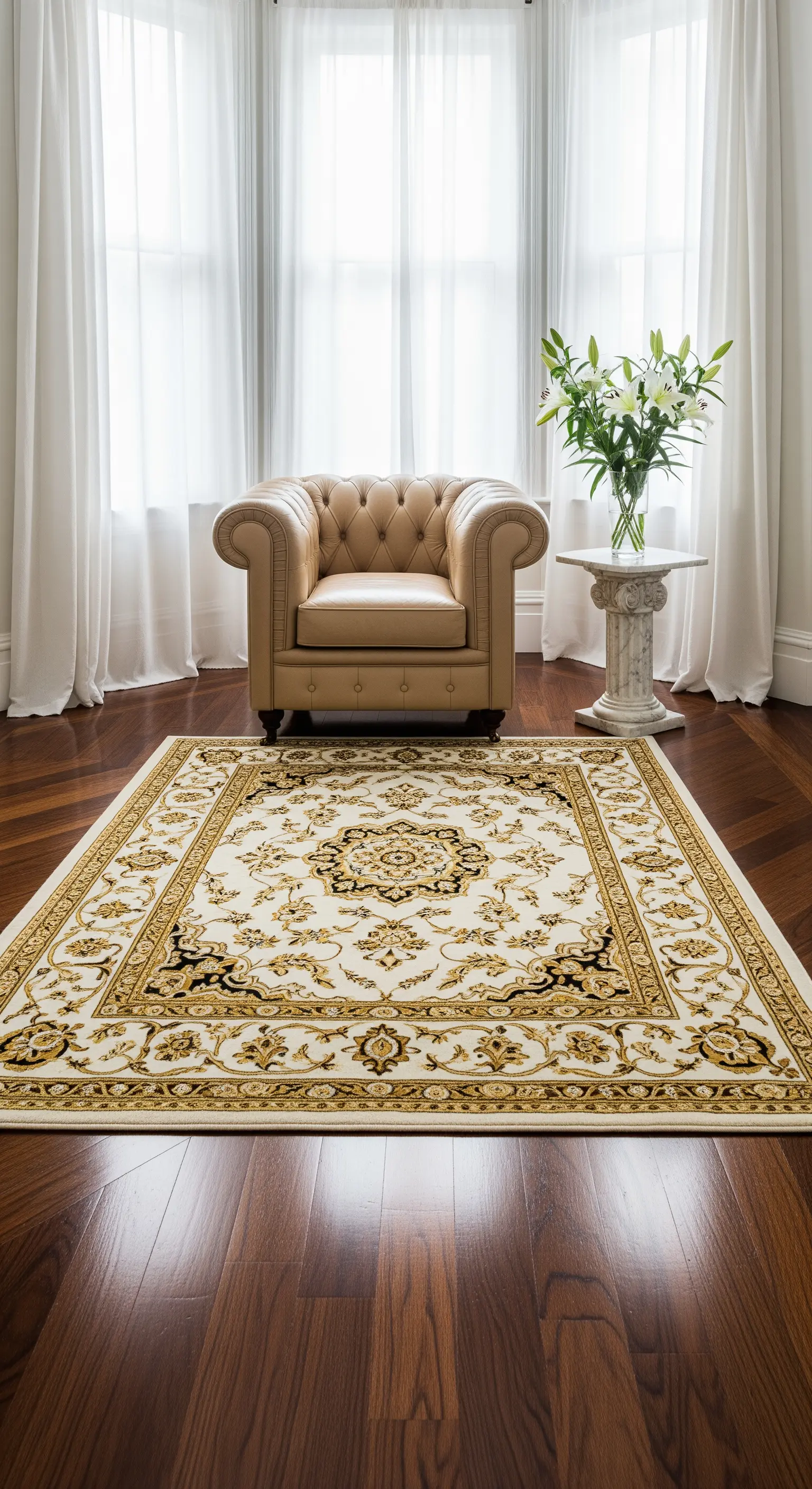 Poltrona Chesterfield in pelle chiara posizionata al centro di un tappeto persiano color crema.