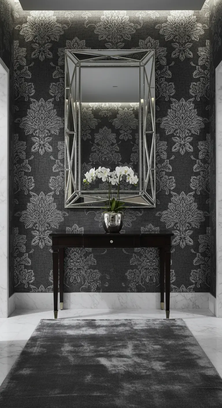 Ingresso formale con carta da parati damascata grigia, specchio geometrico e console scura.