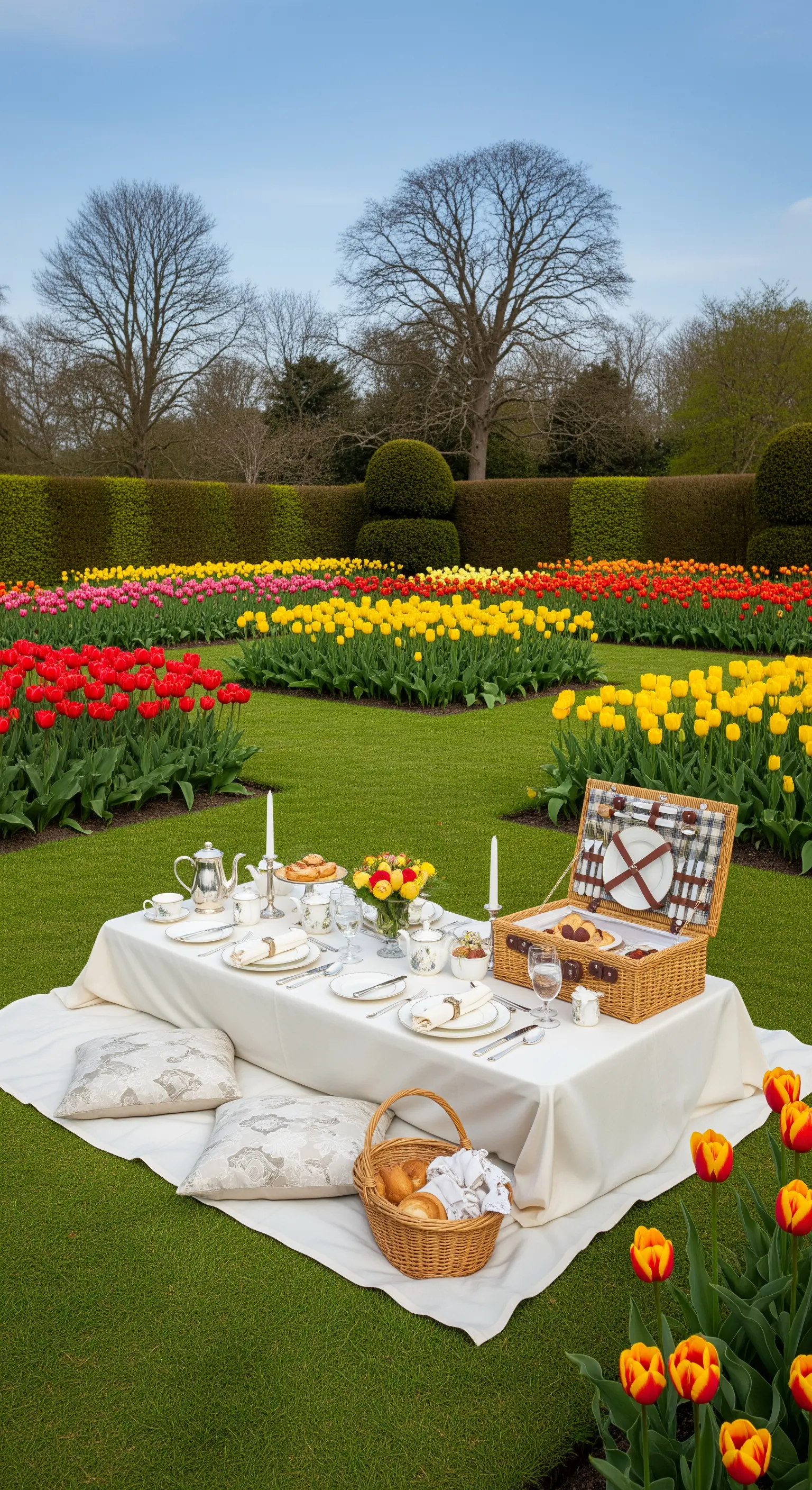 Picnic elegante in un giardino formale con tavolo basso, porcellane e cuscini damascati.