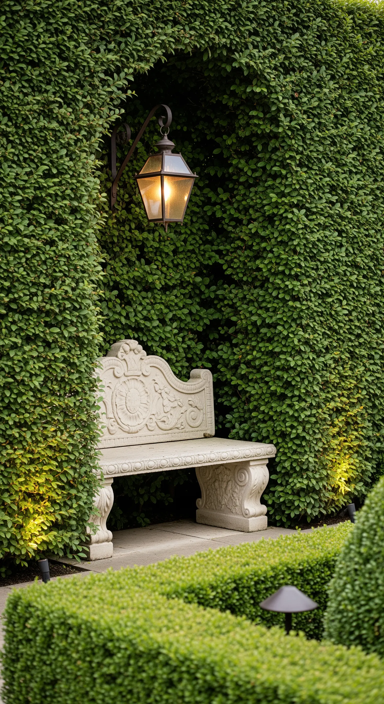 Panca classica in pietra all'interno di una nicchia creata in una siepe alta e folta.