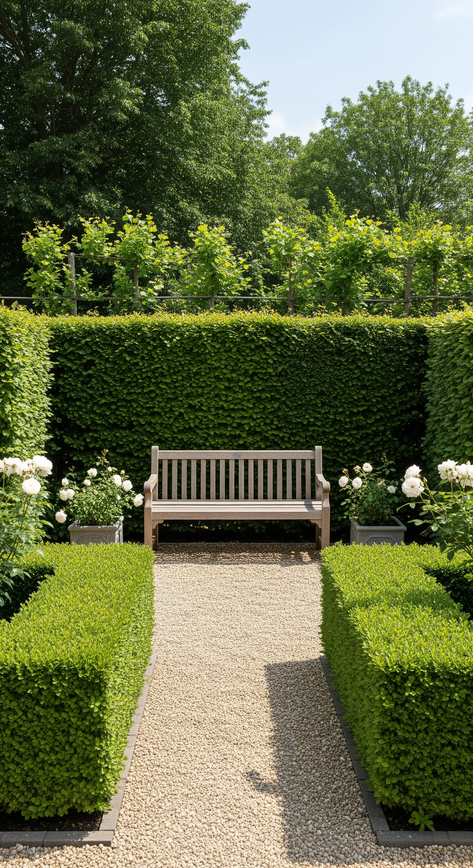 Panca in legno alla fine di un sentiero di ghiaia, incorniciata da siepi geometriche e vasi.
