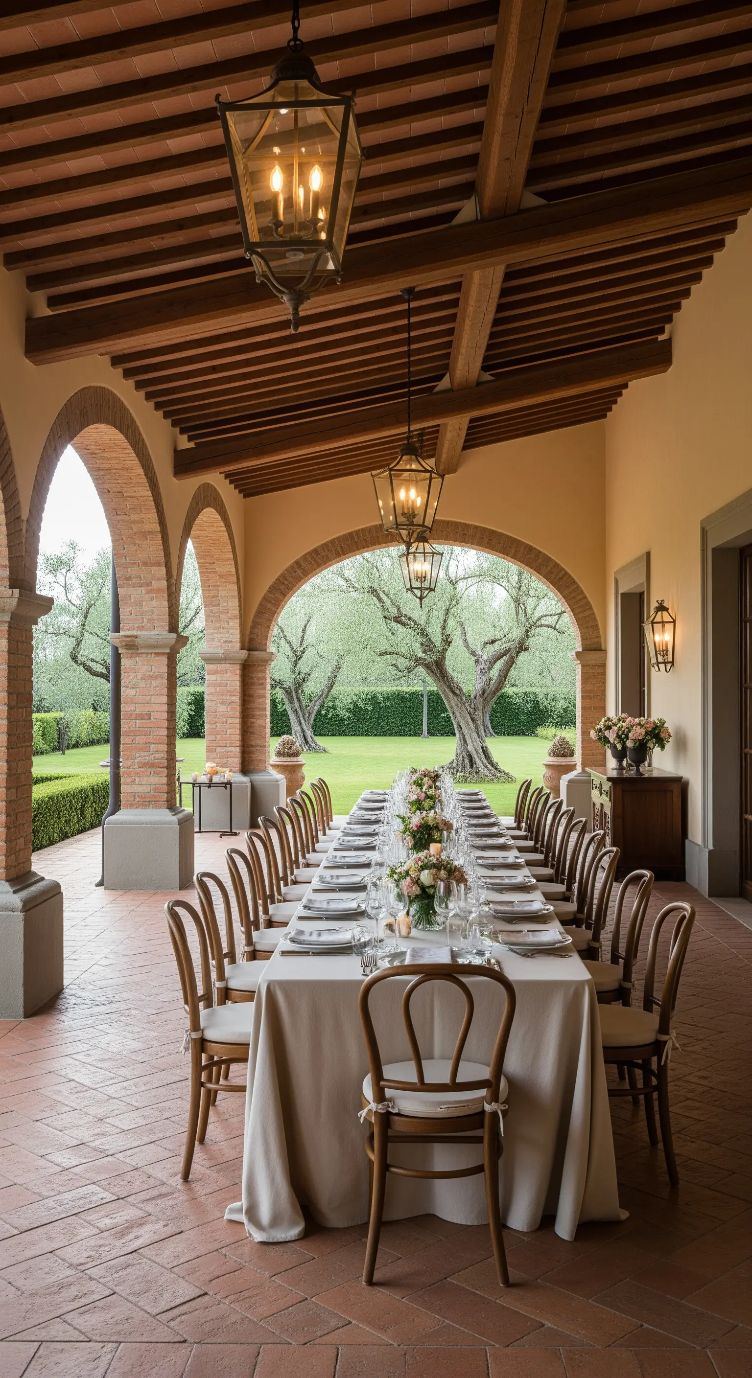 Lungo tavolo da pranzo elegante apparecchiato sotto un portico con pavimento in cotto e travi a vista.
