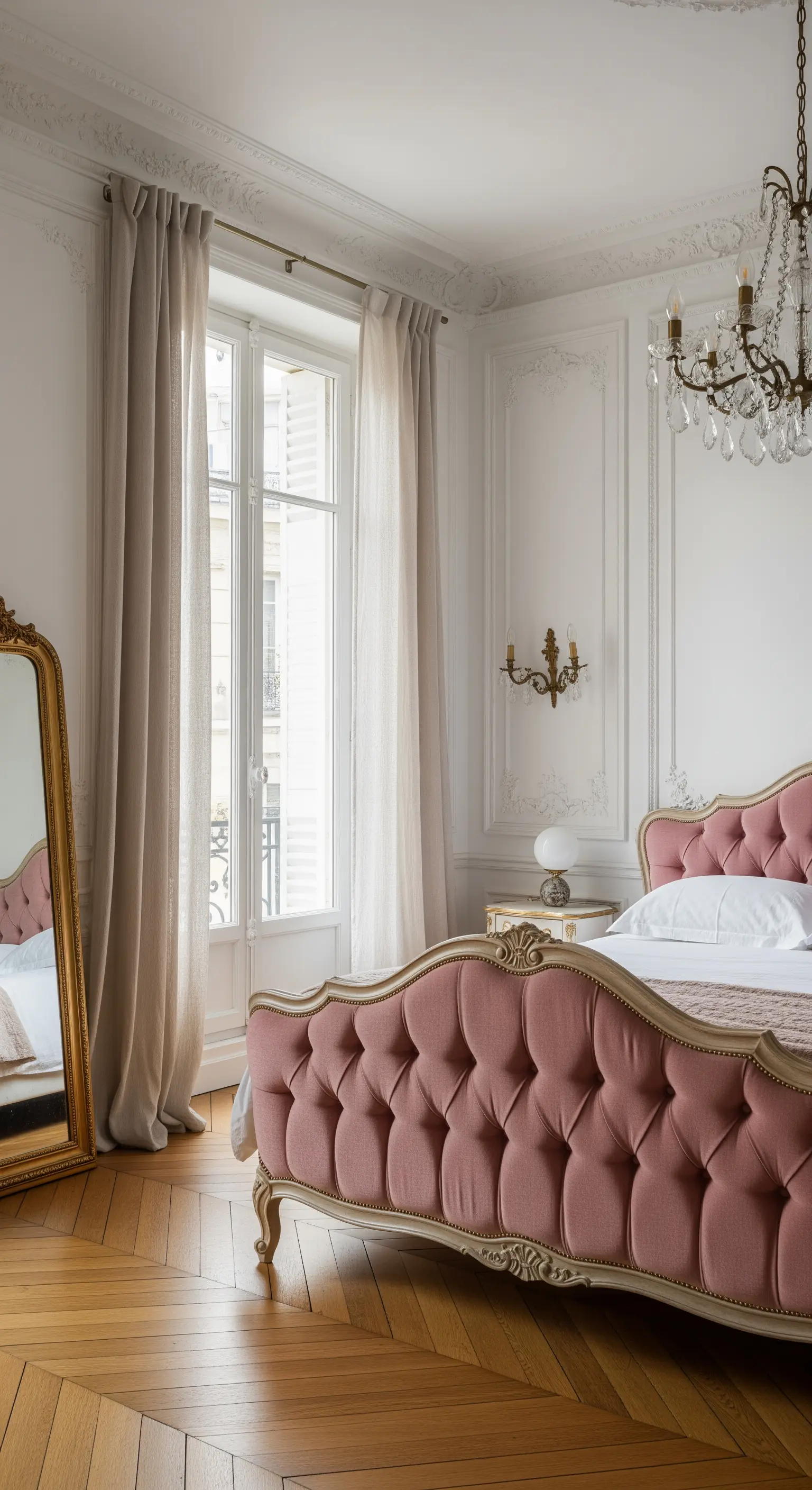 Letto capitonné rosa con cornice in legno intagliato in una camera parigina.