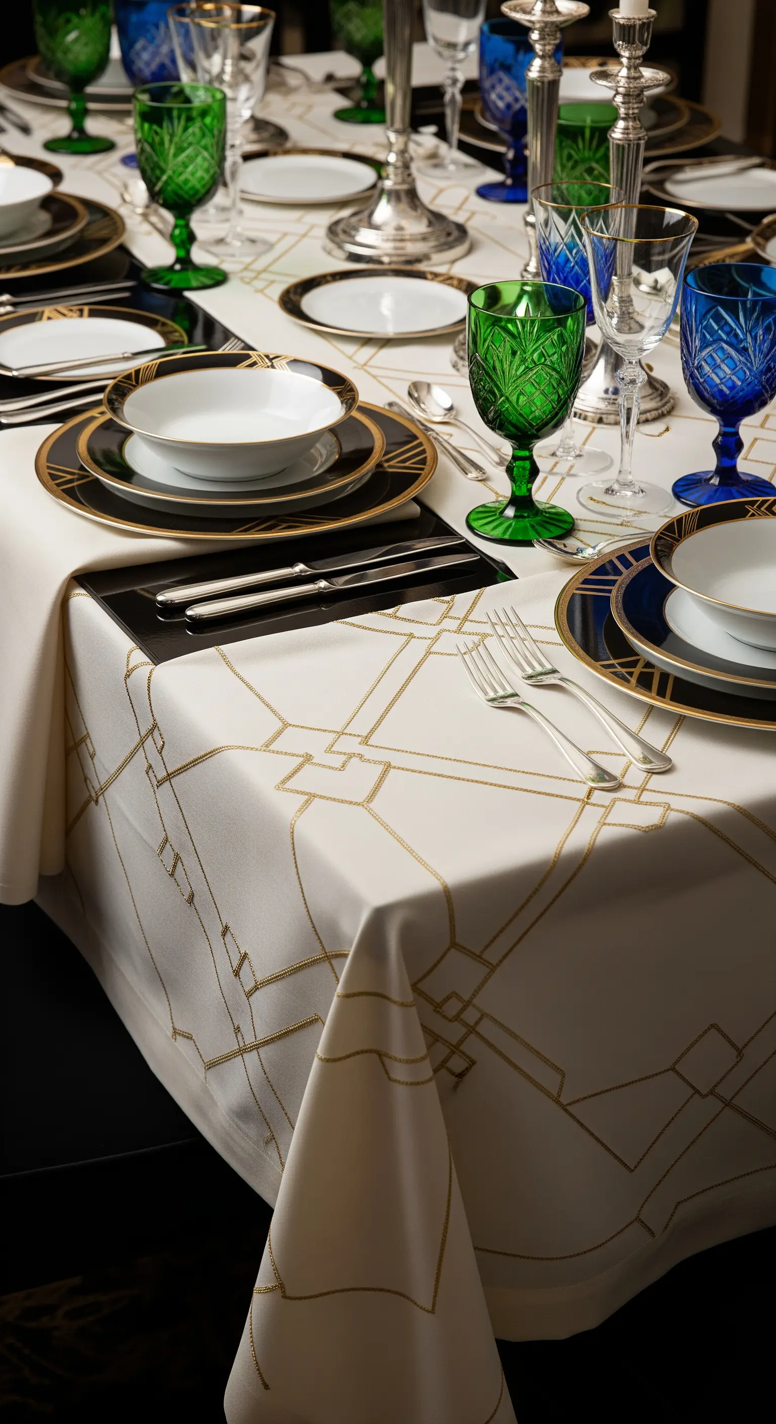 Tavola formale Art Déco con ricami dorati, piatti neri e bicchieri in cristallo blu e verde.