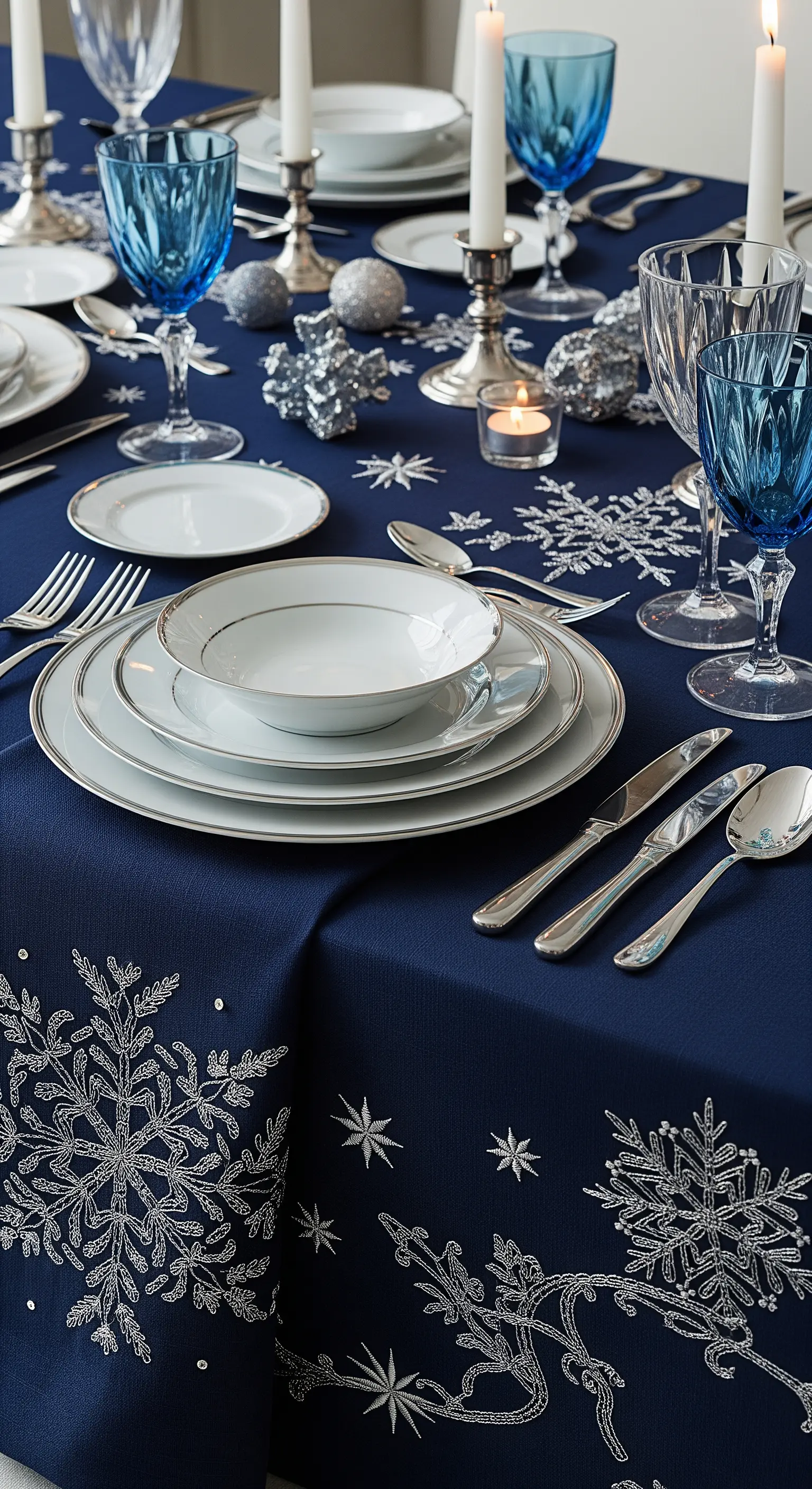 Tavola invernale con tovaglia blu notte ricamata a fiocchi di neve e piatti con bordo argento.