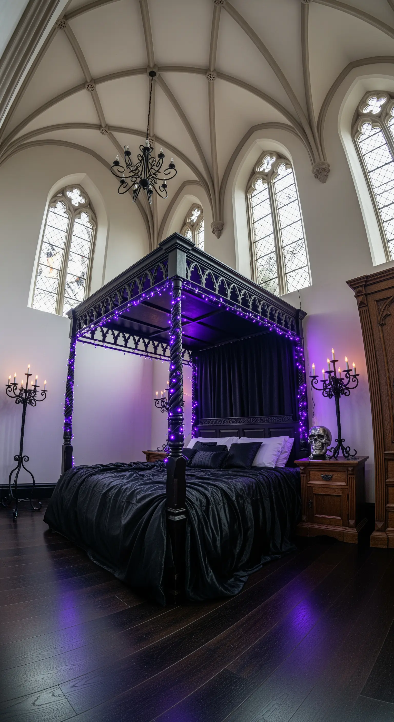 Letto a baldacchino nero in una stanza gotica, decorato con lucine viola.