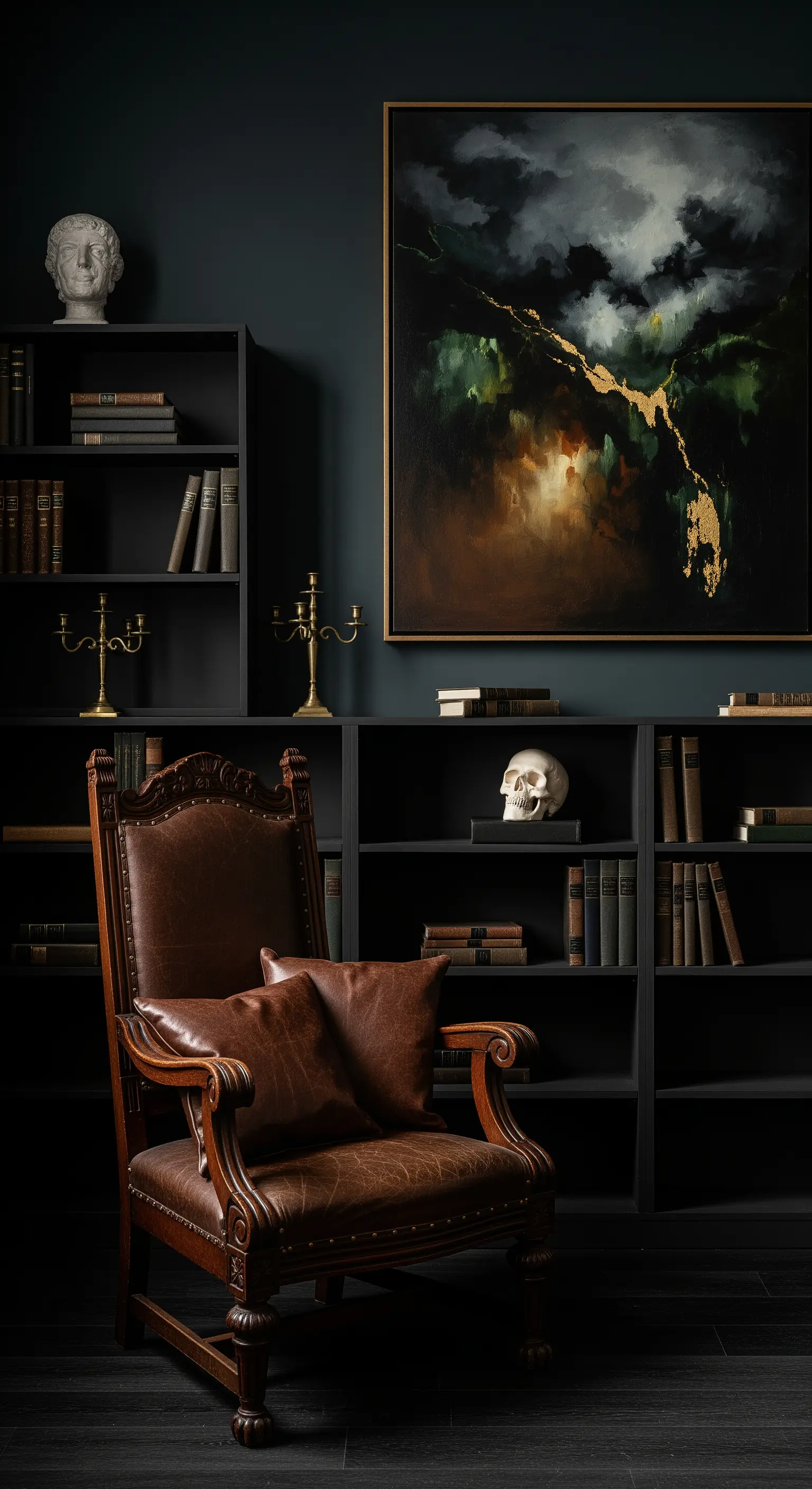 Studio buio con librerie nere, poltrona in pelle intagliata e quadro di un paesaggio scuro.