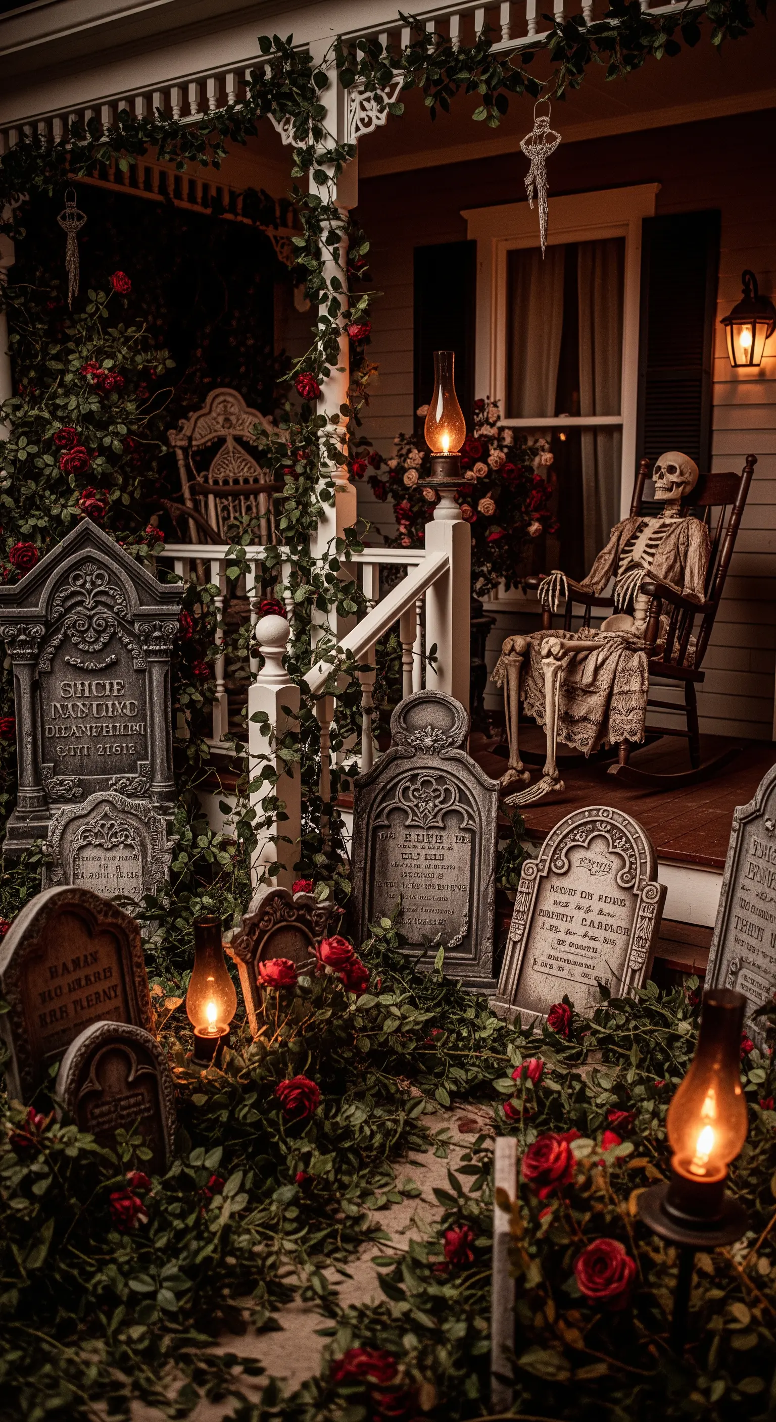 Veranda gotica con lapidi, rose rosse e uno scheletro su una sedia a dondolo.