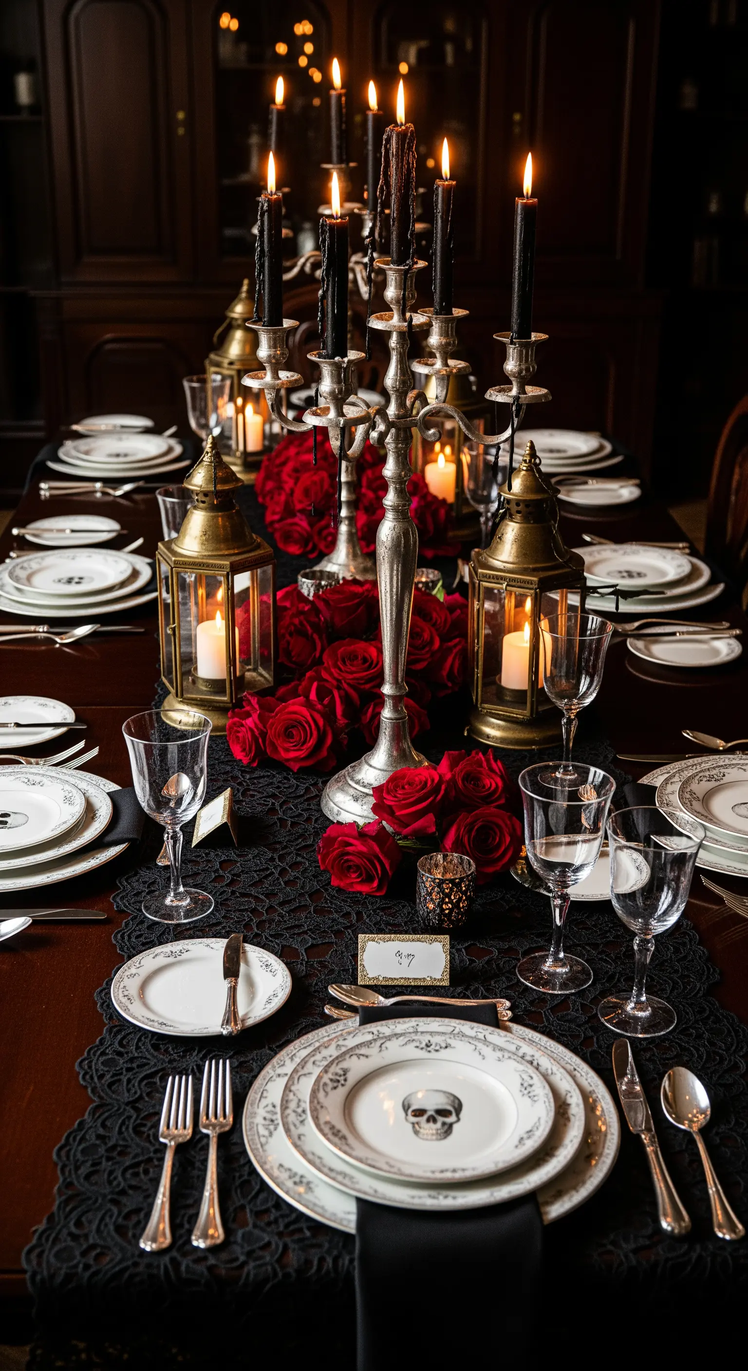Tavola di Halloween con candelabri d'argento, pizzo nero e rose rosse.