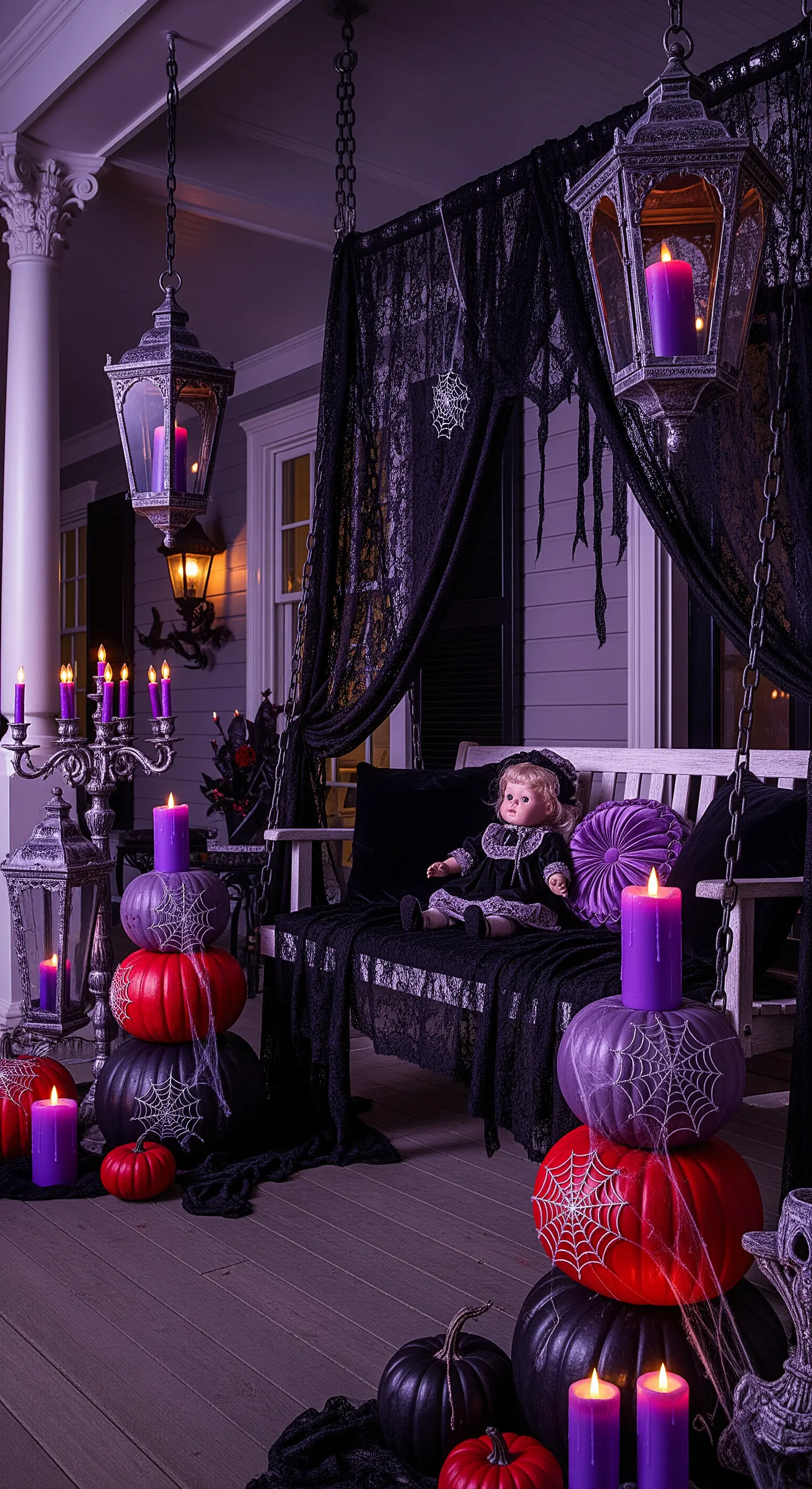 Portico in stile gotico con lanterne, candele viola, zucche nere e una bambola inquietante.