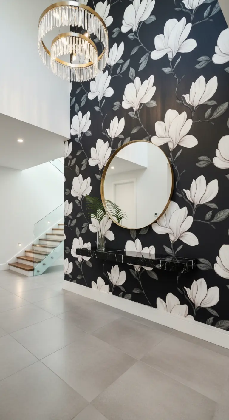 Ingresso moderno con carta da parati a fiori di magnolia bianchi su fondo nero e specchio rotondo.