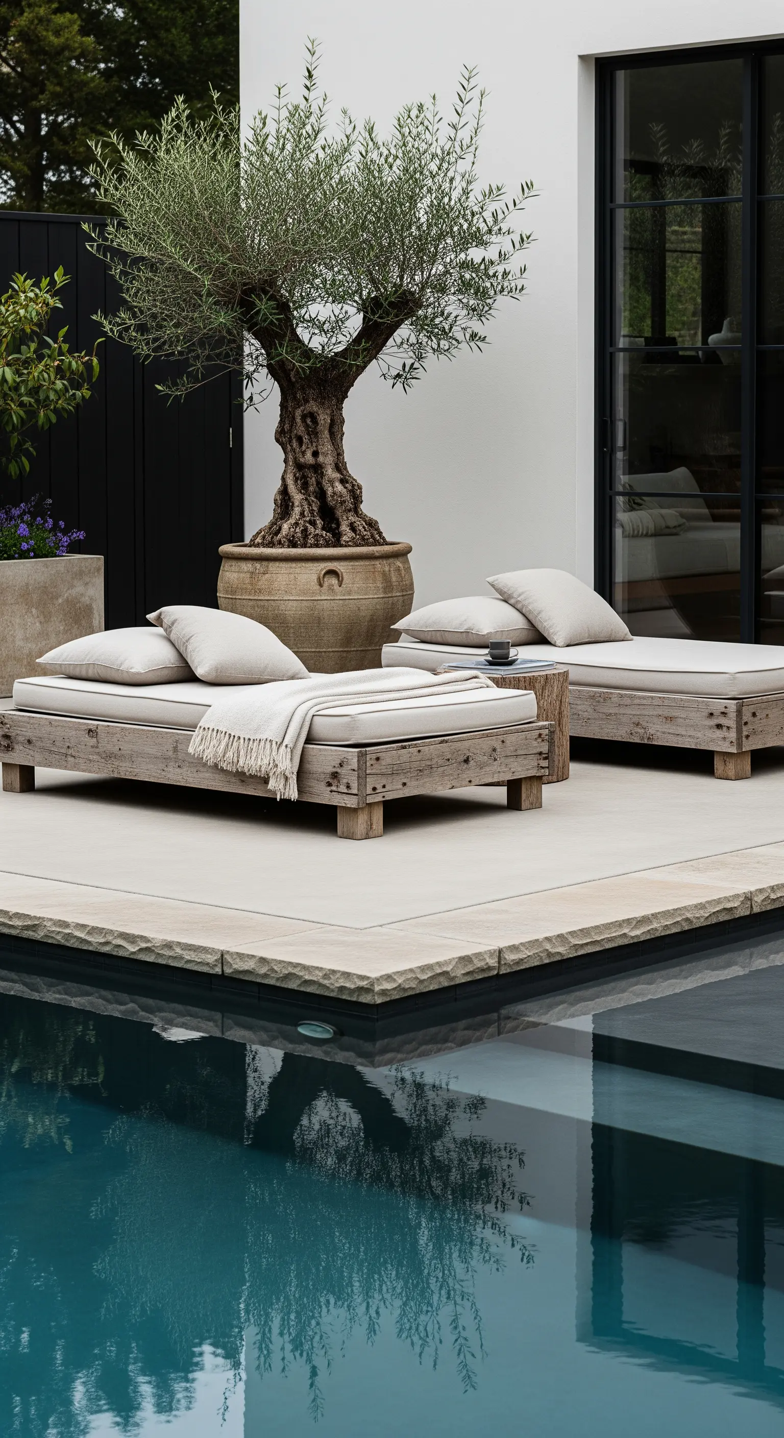 Lettini prendisole in legno grezzo con cuscini ecrù a bordo piscina