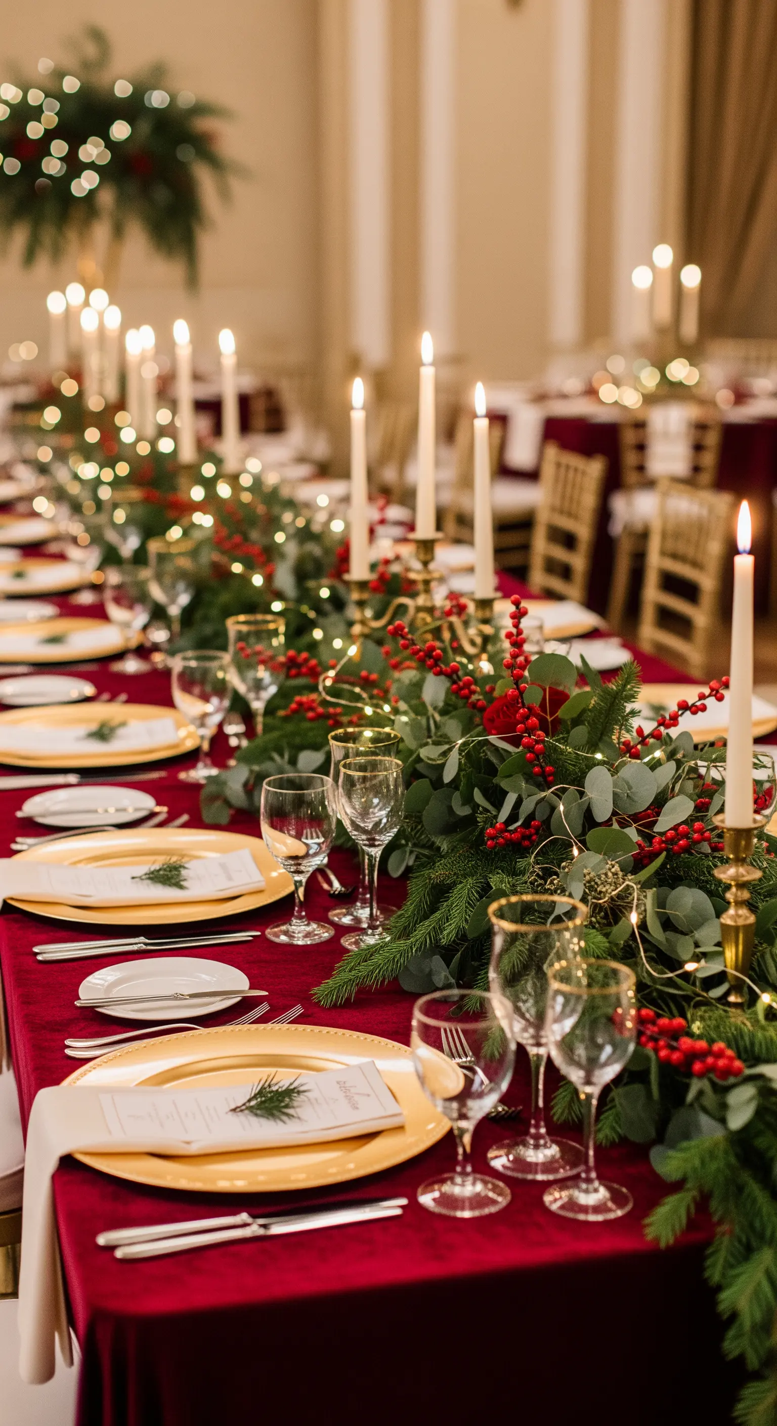 Tavola nuziale con tovaglia in velluto rosso, runner di pino e candele alte.