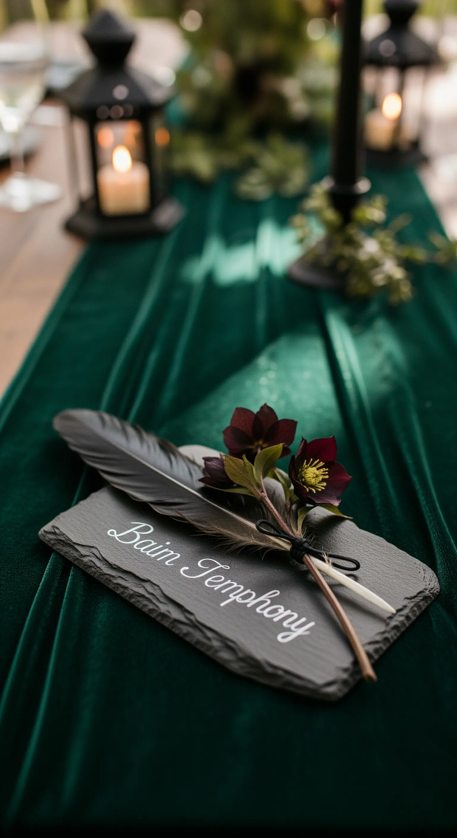 Segnaposto su una lastra di ardesia con piuma nera e fiori scuri.