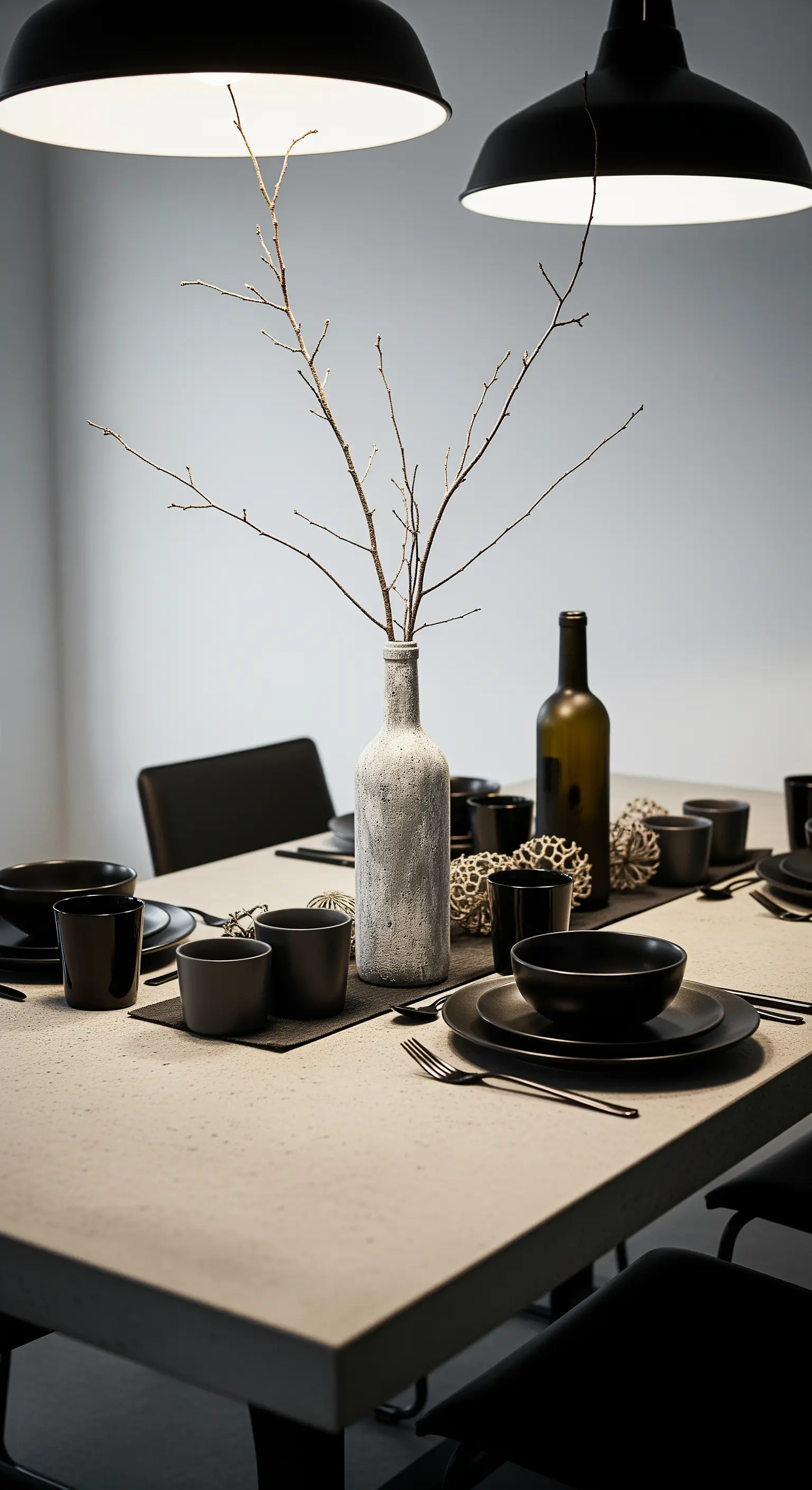 Vaso in bottiglia con finitura effetto cemento al centro di una tavola moderna.