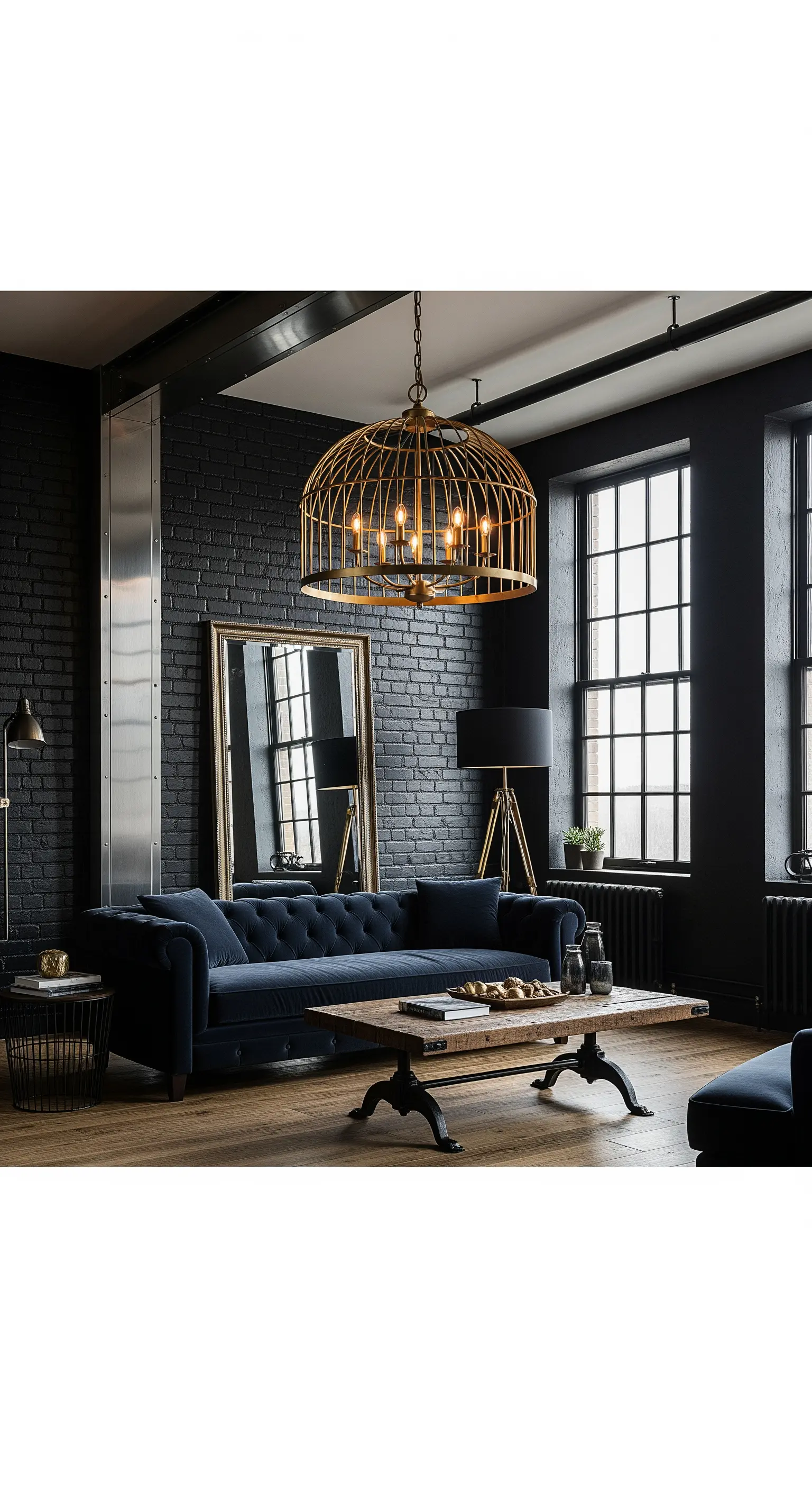 Loft in stile industriale con parete di mattoni neri e divano chesterfield blu.