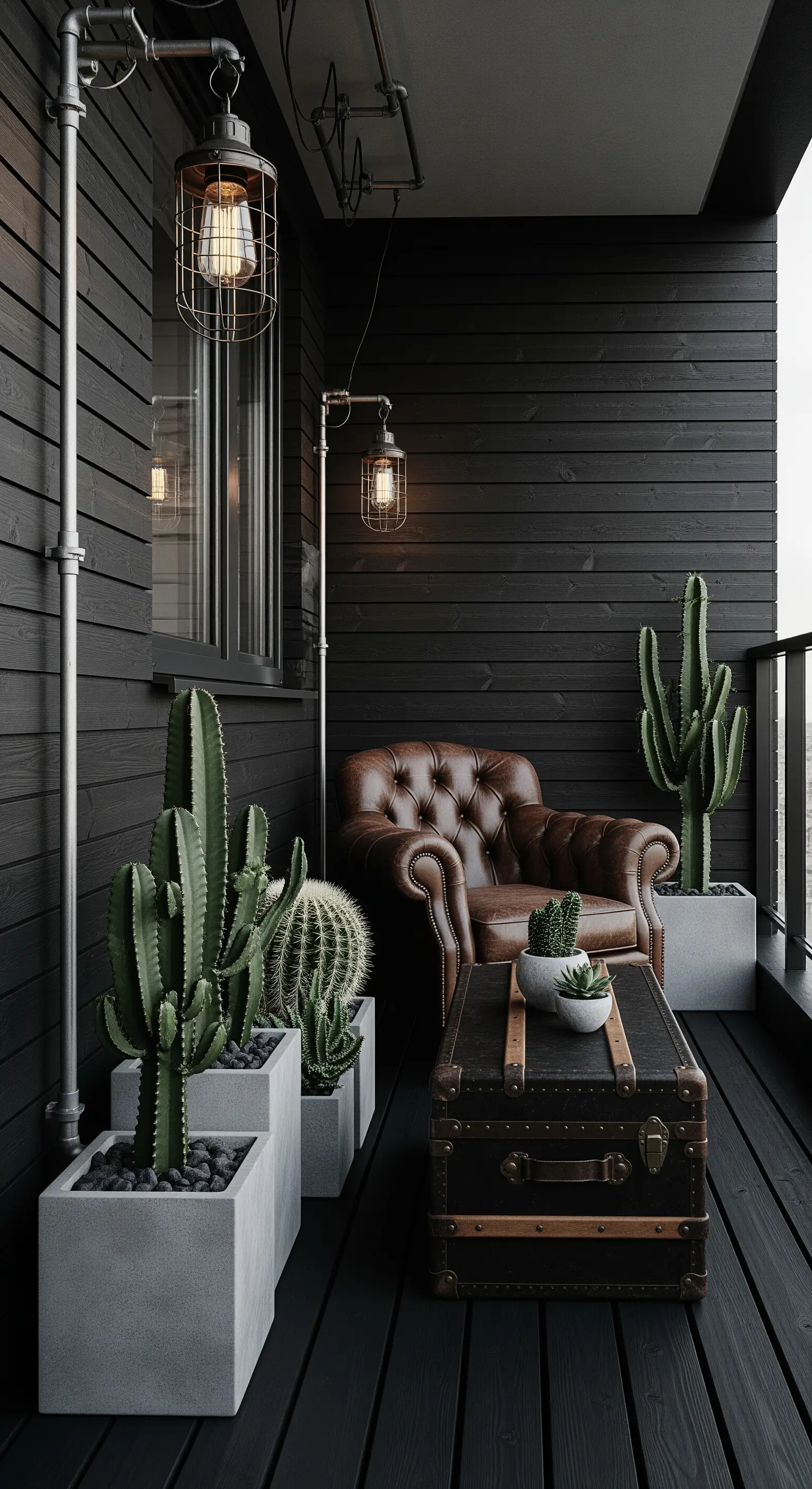 Balcone moderno con pareti nere, poltrona in pelle marrone e lampade industriali.