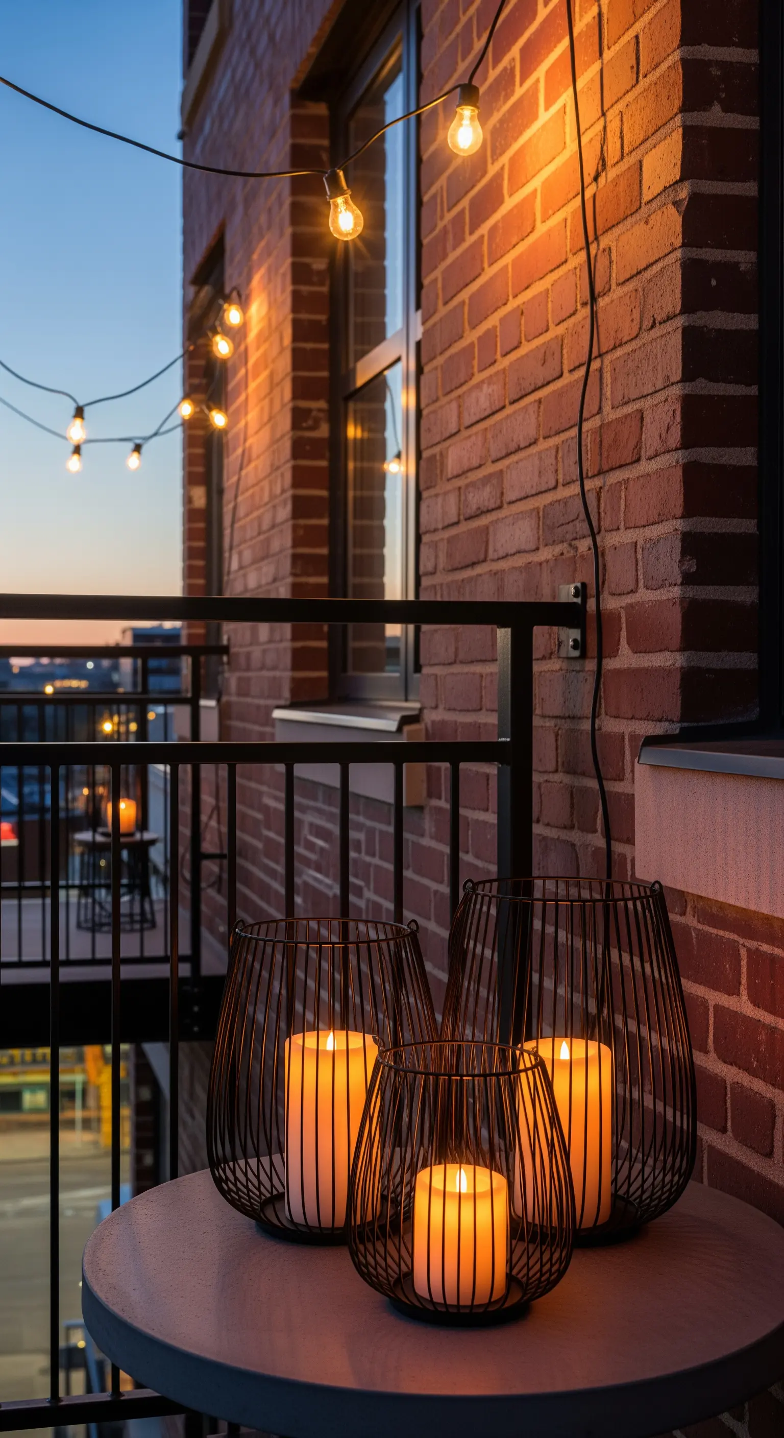 Trio di lanterne in metallo nero con candele su un tavolino, con luci a bulbo sullo sfondo