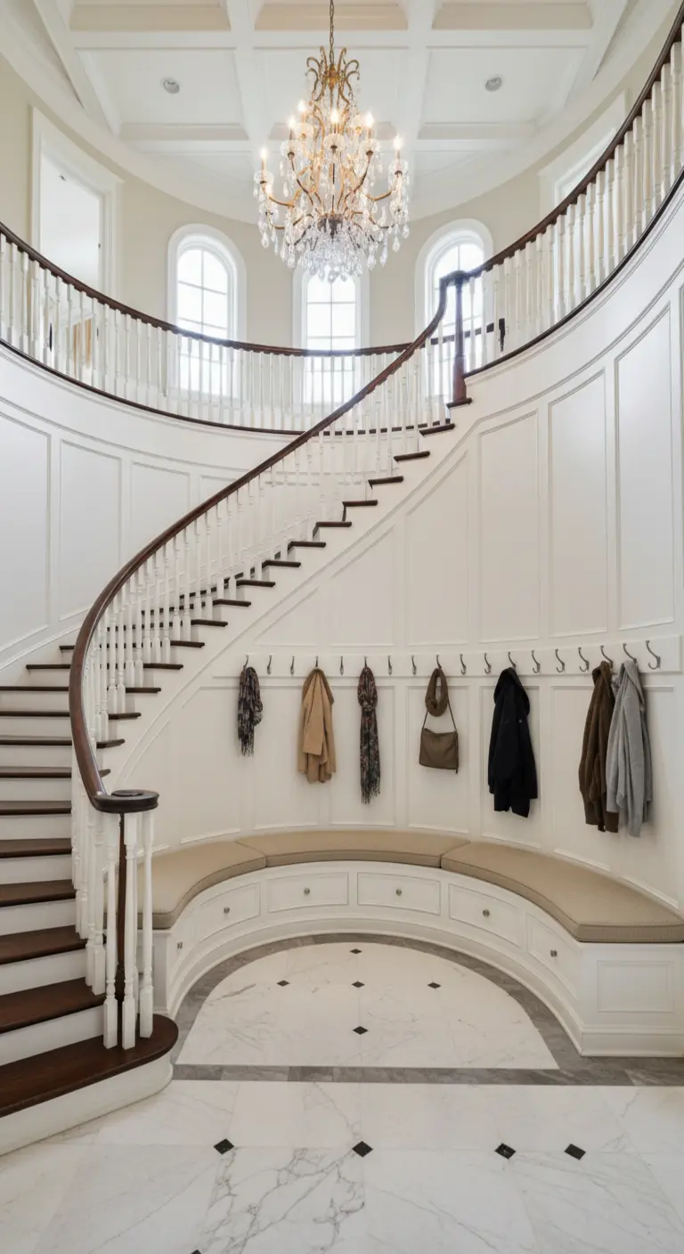 Panca curva imbottita integrata nella boiserie di una scala scenografica.