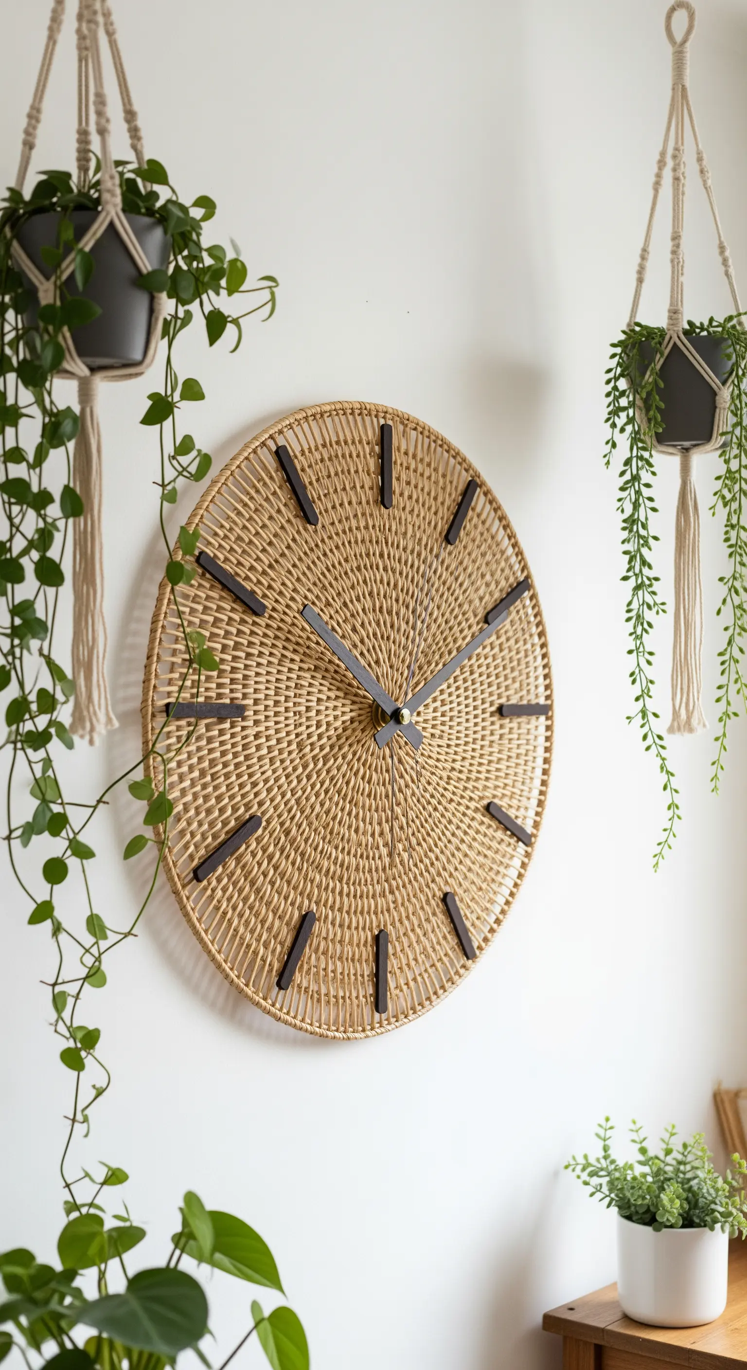 Orologio da parete realizzato con un sottopiatto in rattan intrecciato e circondato da piante.