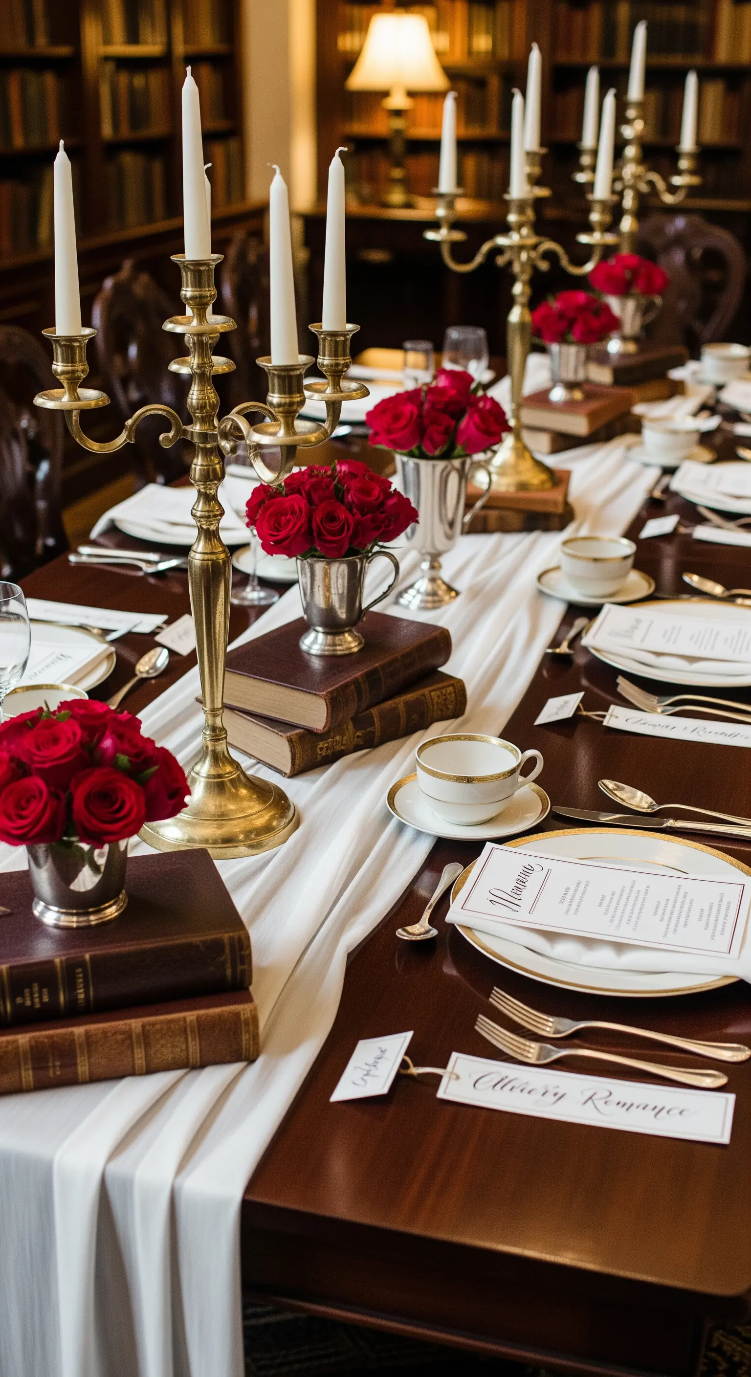 Tavola a tema letterario con libri antichi usati come alzatine per rose rosse.