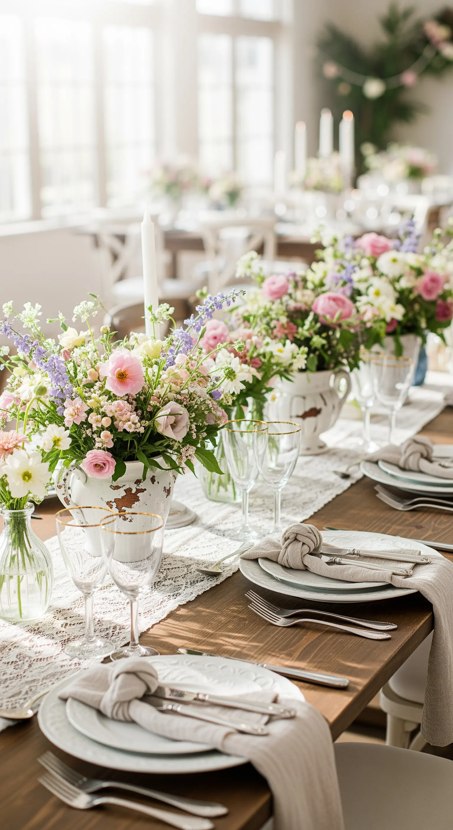 Tavola da ricevimento con runner di pizzo, vasi bianchi con fiori pastello e bicchieri dorati