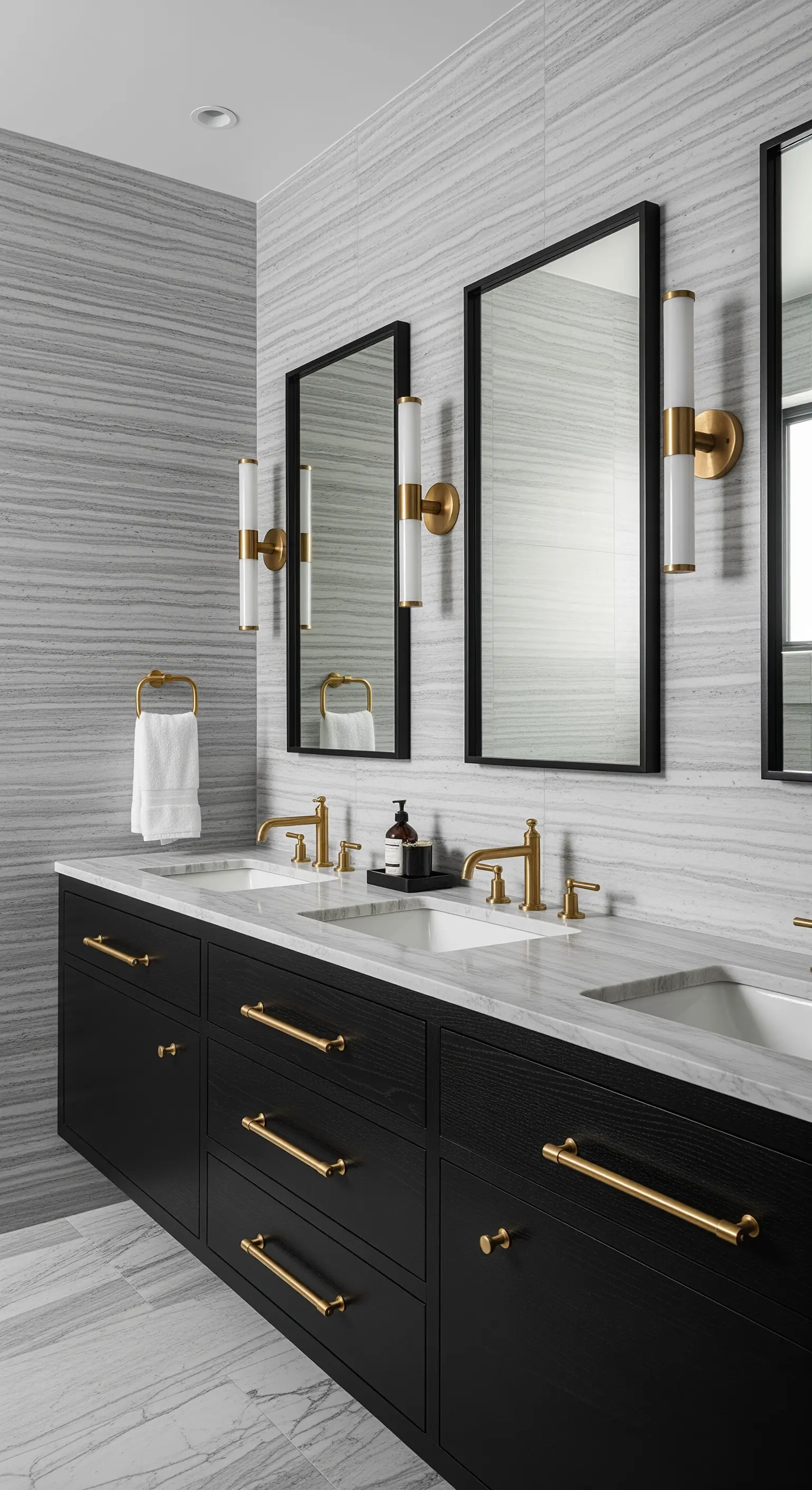 Bagno con mobile nero, doppio lavabo, marmo a righe orizzontali e specchi rettangolari.