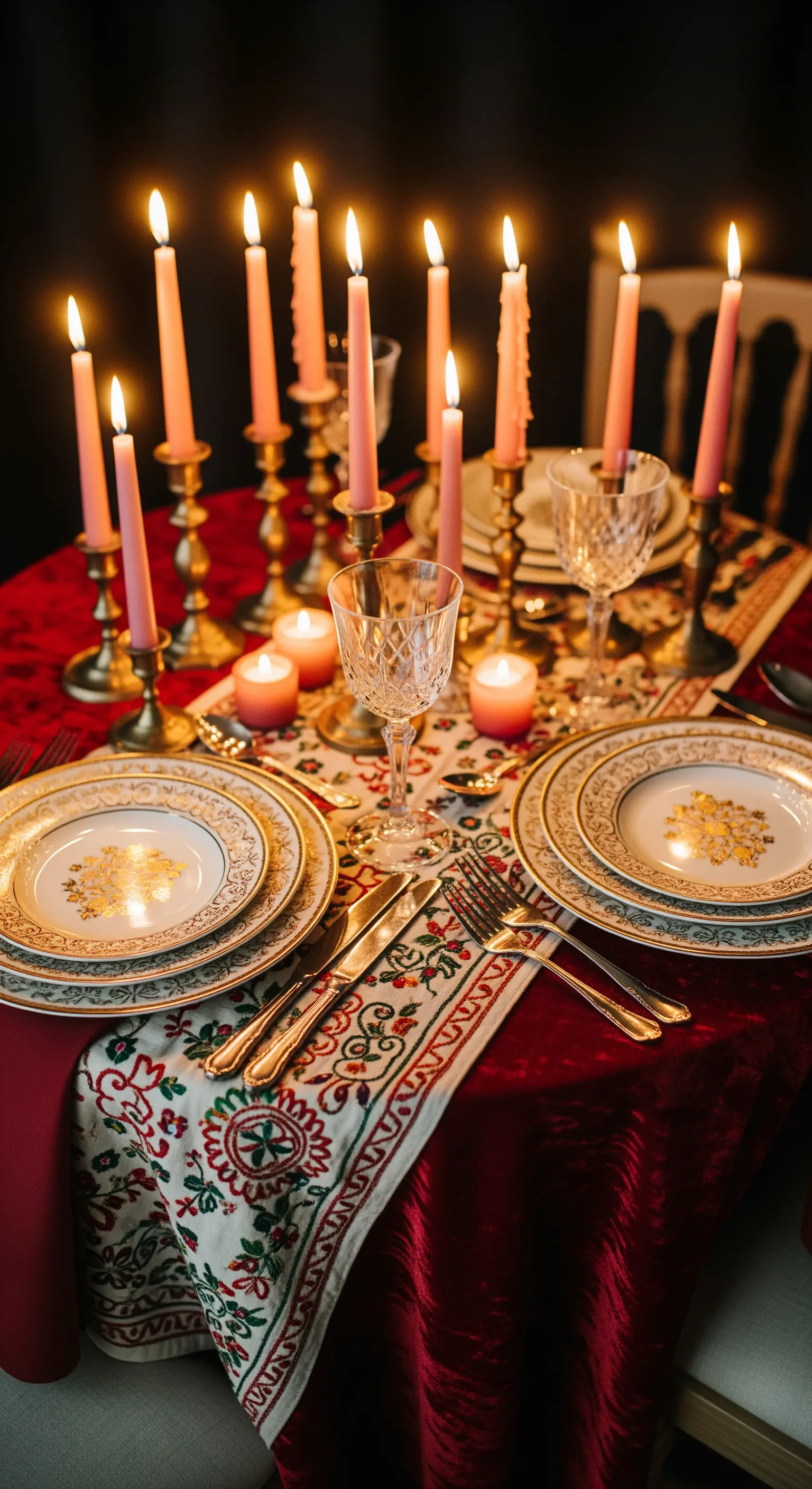 Tavola elegante con tovaglia in velluto rosso, piatti dorati e candele rosa