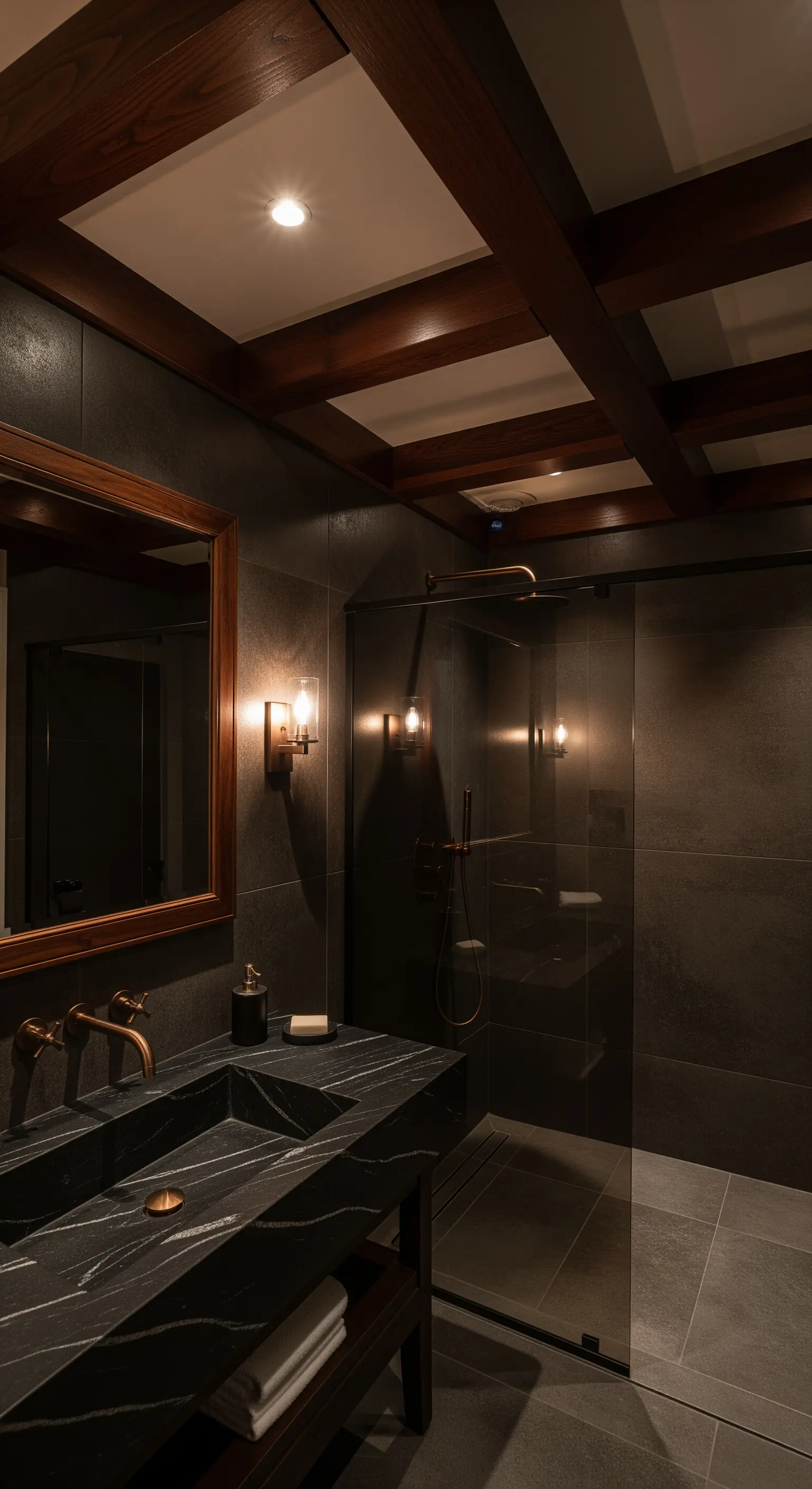 Bagno scuro con doppio lavabo in pietra nera, legno scuro e dettagli in ottone.