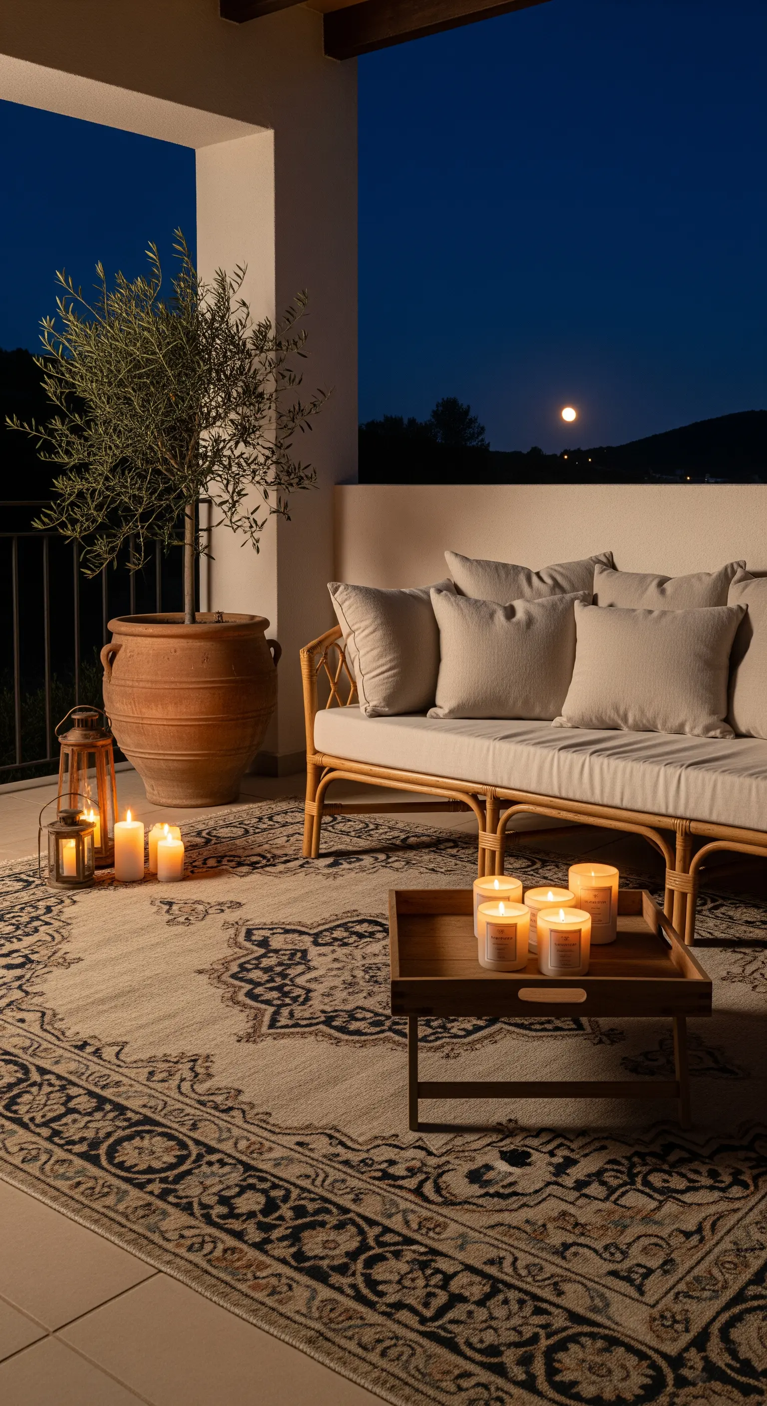 Terrazza con divano in rattan, tappeto persiano, candele e un ulivo in vaso.