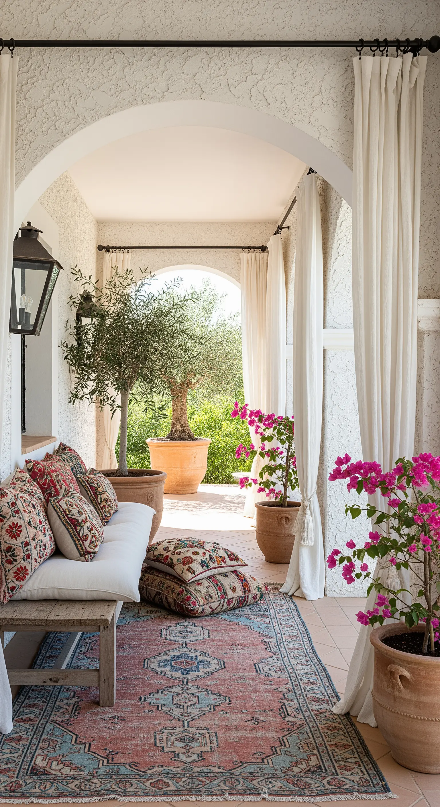 Portico mediterraneo con tende bianche, panca in legno, cuscini etnici e vasi di bouganville.