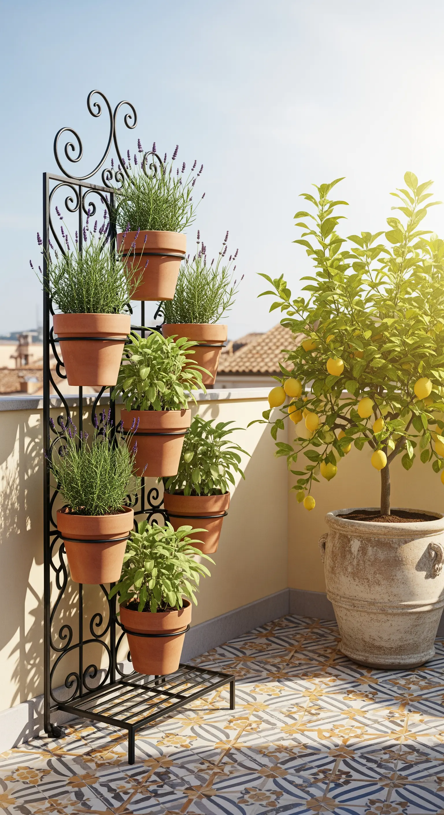 Espositore in ferro battuto nero con vasi in terracotta contenenti lavanda e salvia.