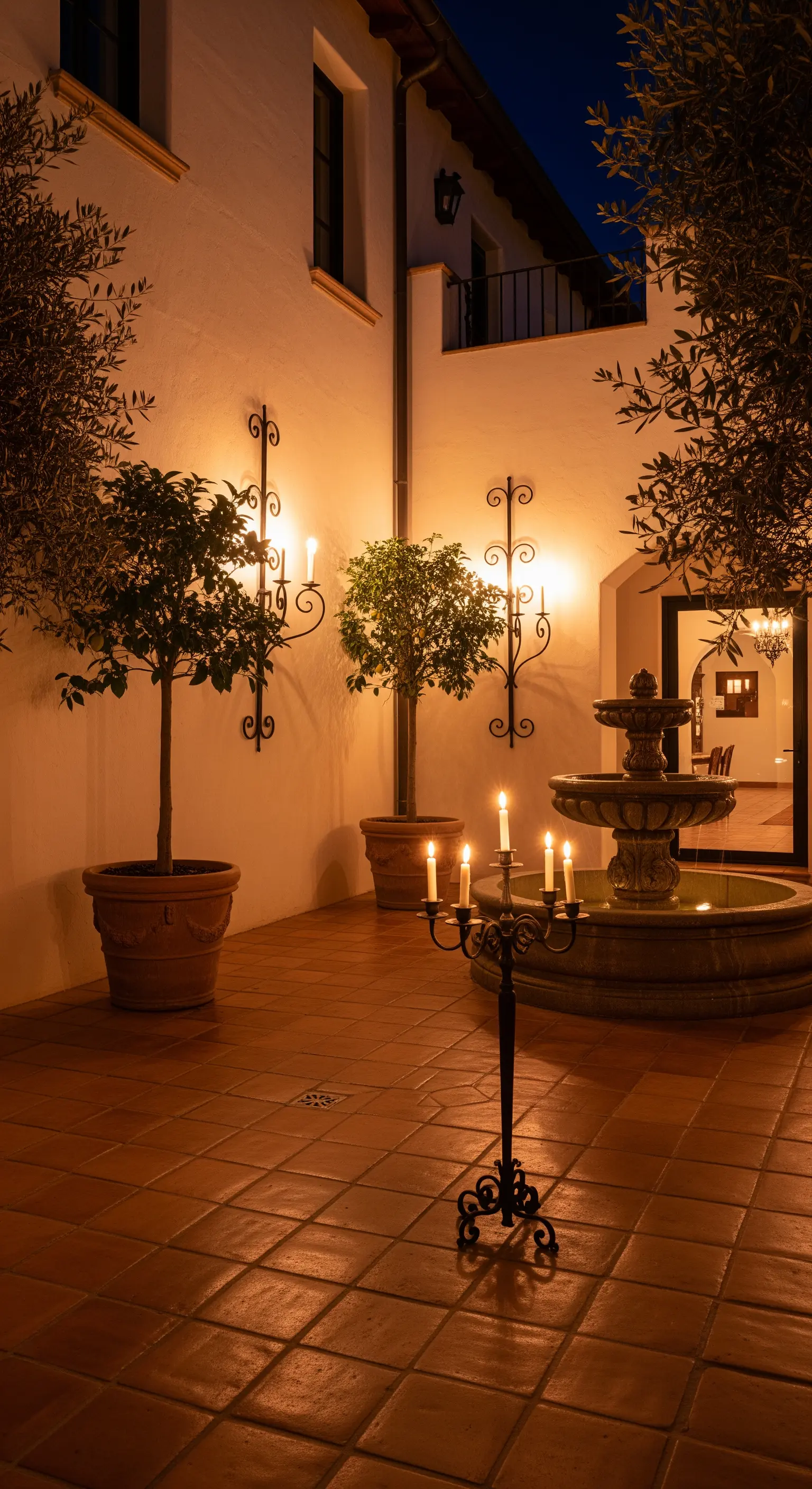 Cortile mediterraneo con applique, candelabro e una fontana centrale.