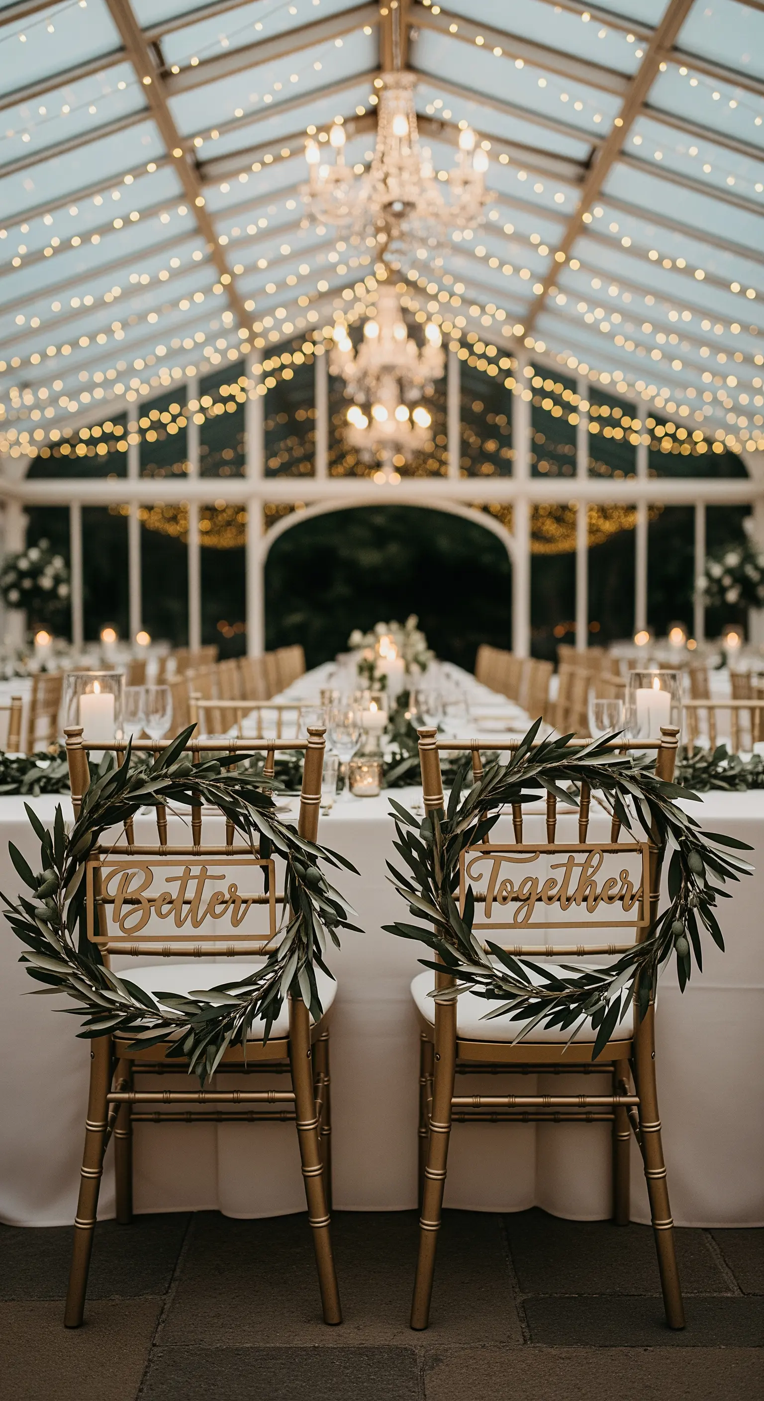 Sedie dorate con ghirlande di ulivo e insegne calligrafiche 'Better Together' in oro.
