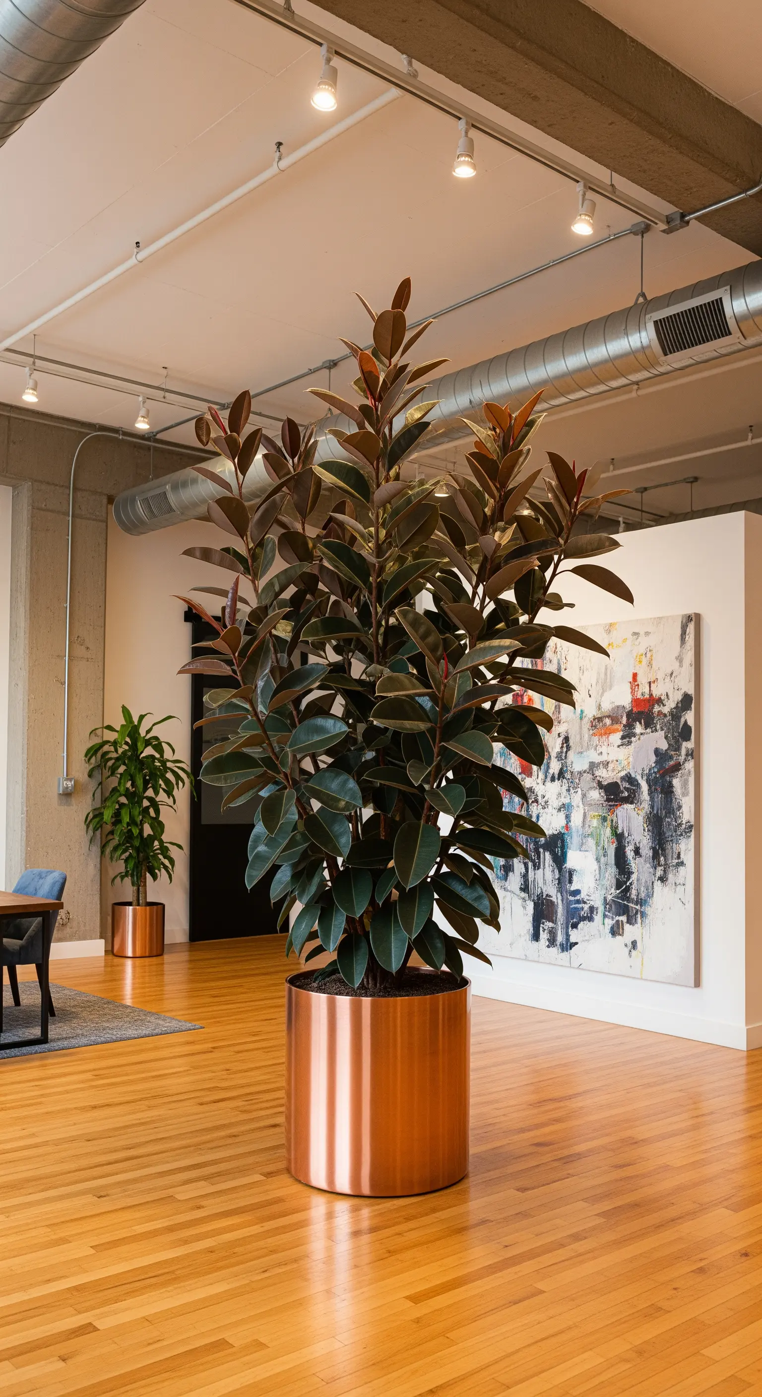 Grande Ficus elastica in un vaso cilindrico di rame in un luminoso spazio ufficio open space.
