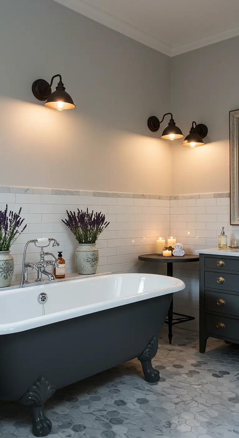 Vasca da bagno grigia con piedini, applique industriali e piastrelle bianche diamantate.