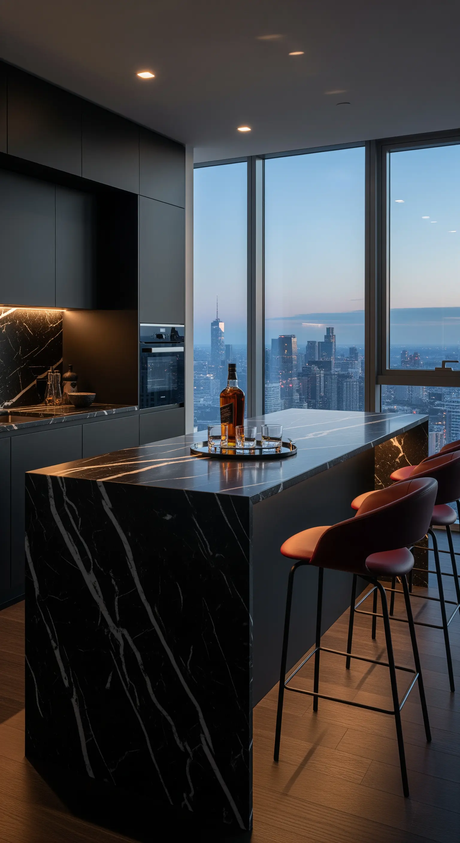 Cucina moderna total black con isola in marmo nero e vista panoramica sulla città.