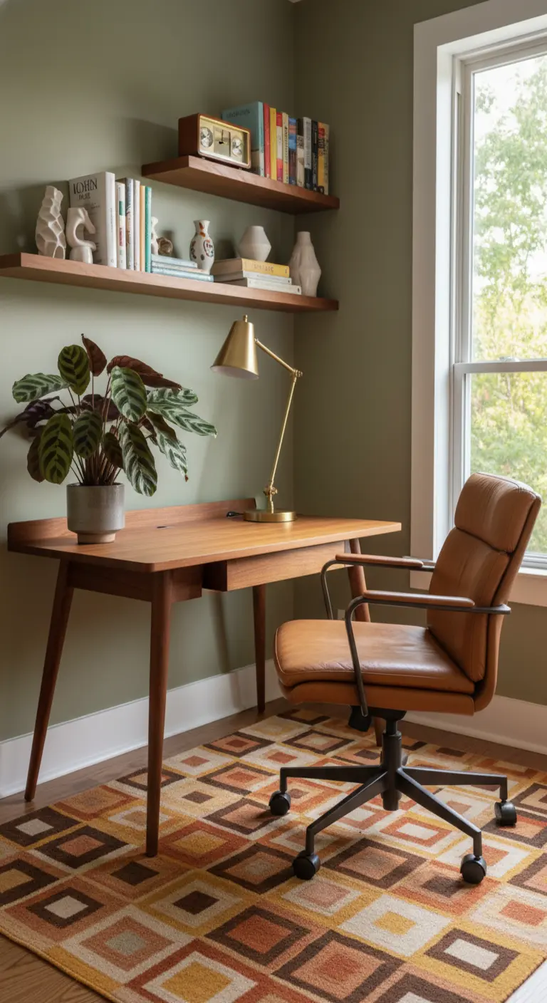 Scrivania Mid-Century in legno con sedia in pelle marrone e tappeto a motivi geometrici colorati.