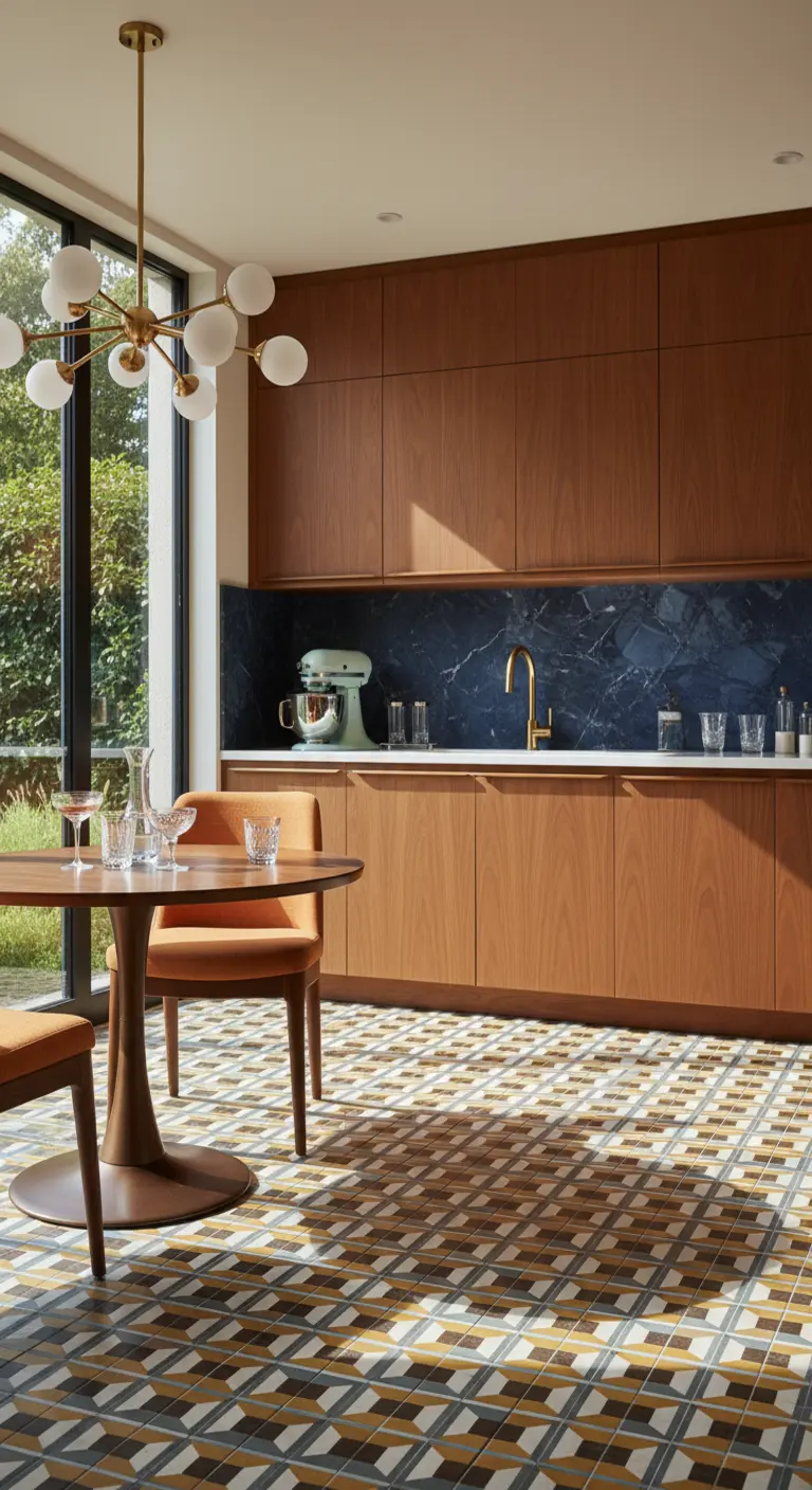 Cucina mid-century con mobili in noce, pavimento a motivi geometrici e marmo blu.