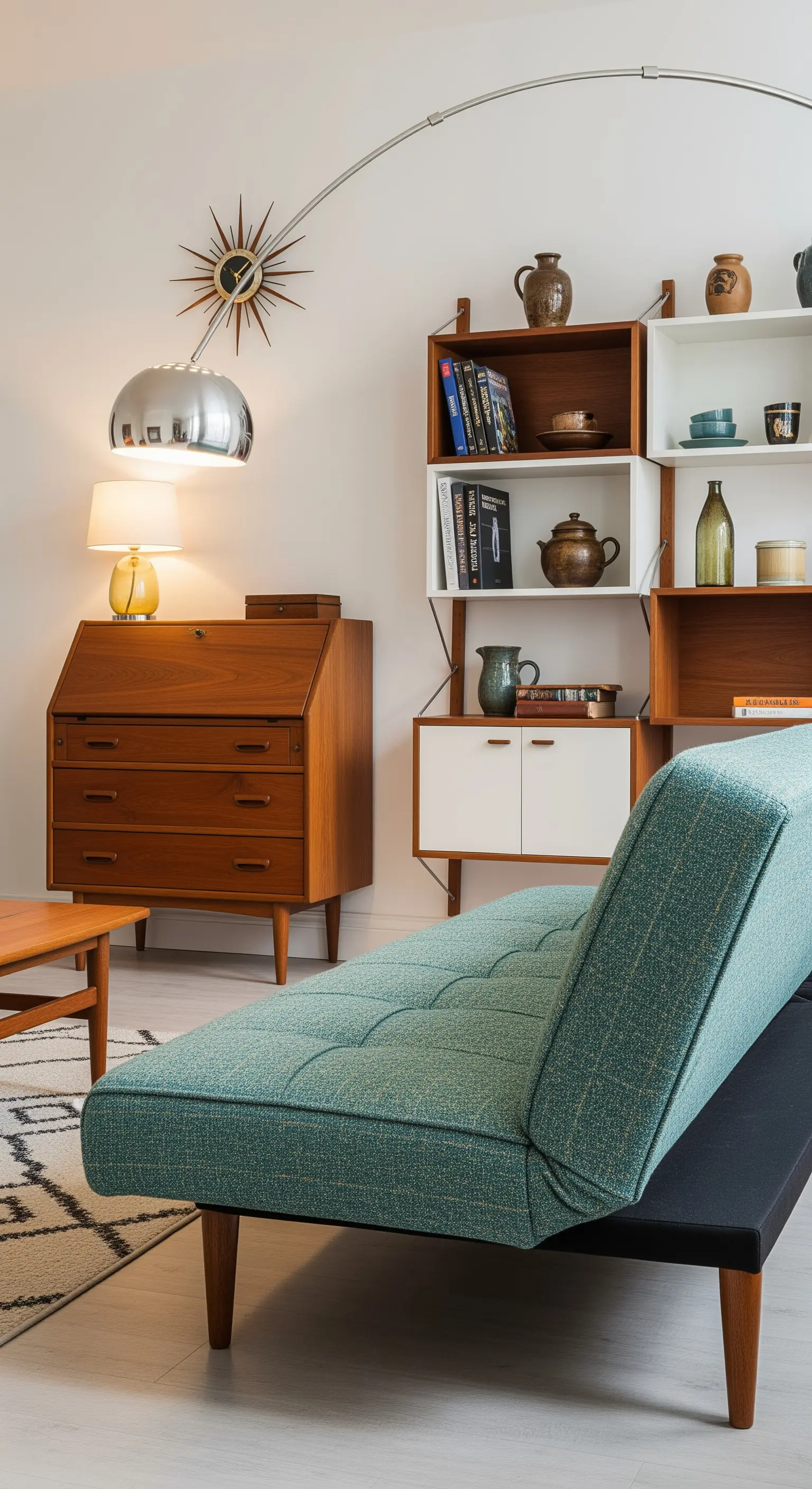 Salotto mid-century con divano verde acqua, scrivania e libreria in legno di teak.