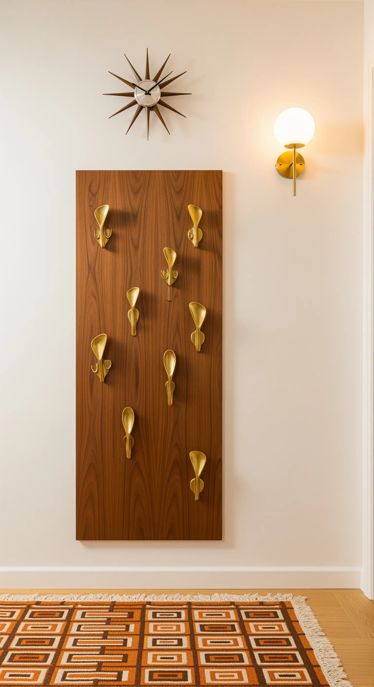 Pannello appendiabiti in legno di noce con ganci in ottone e orologio a raggiera.